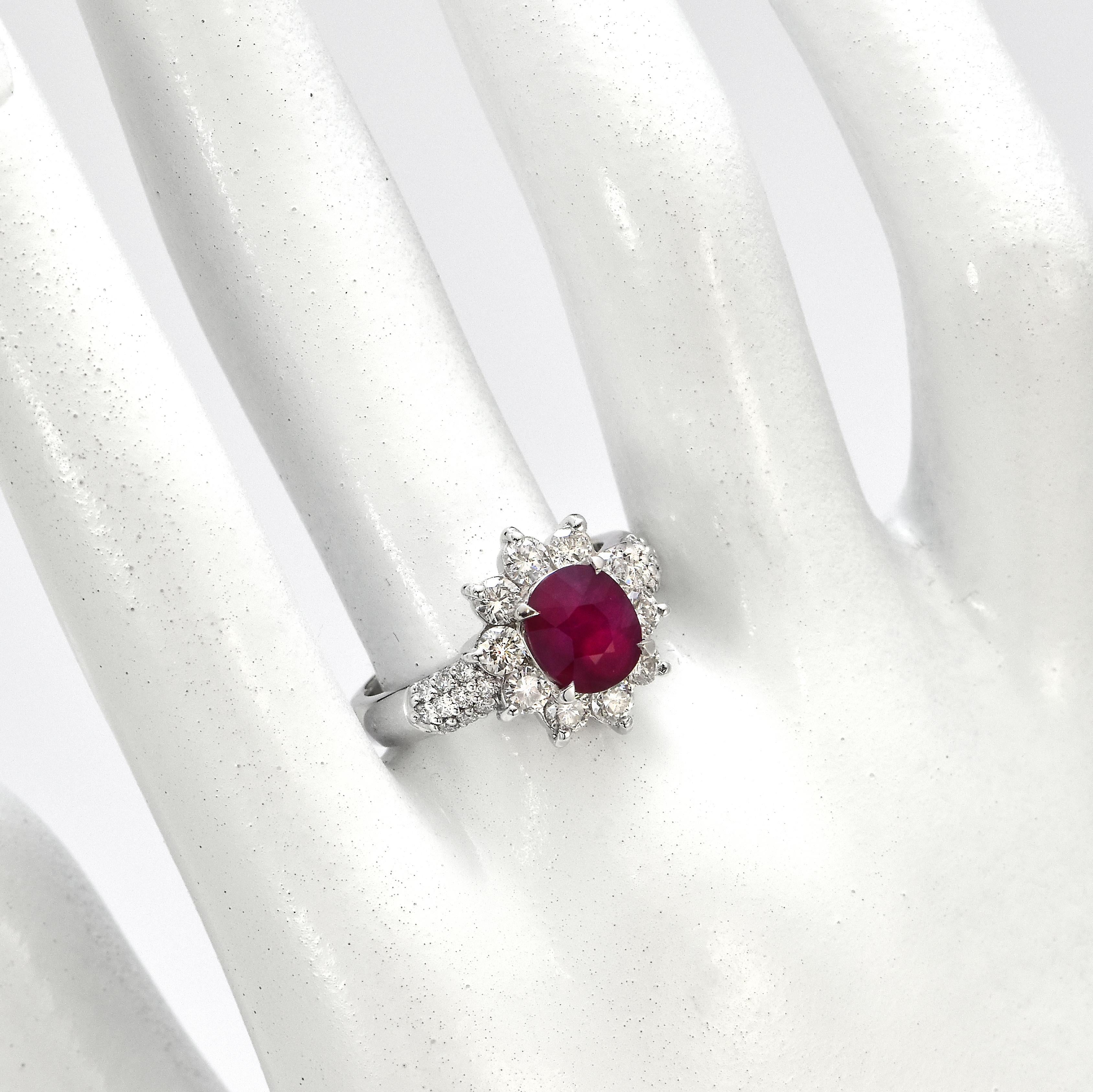 GIA Certified 2.08 Carat Burmese, Pigeon Blood Color Ruby Ring Made in Platinum For Sale 5