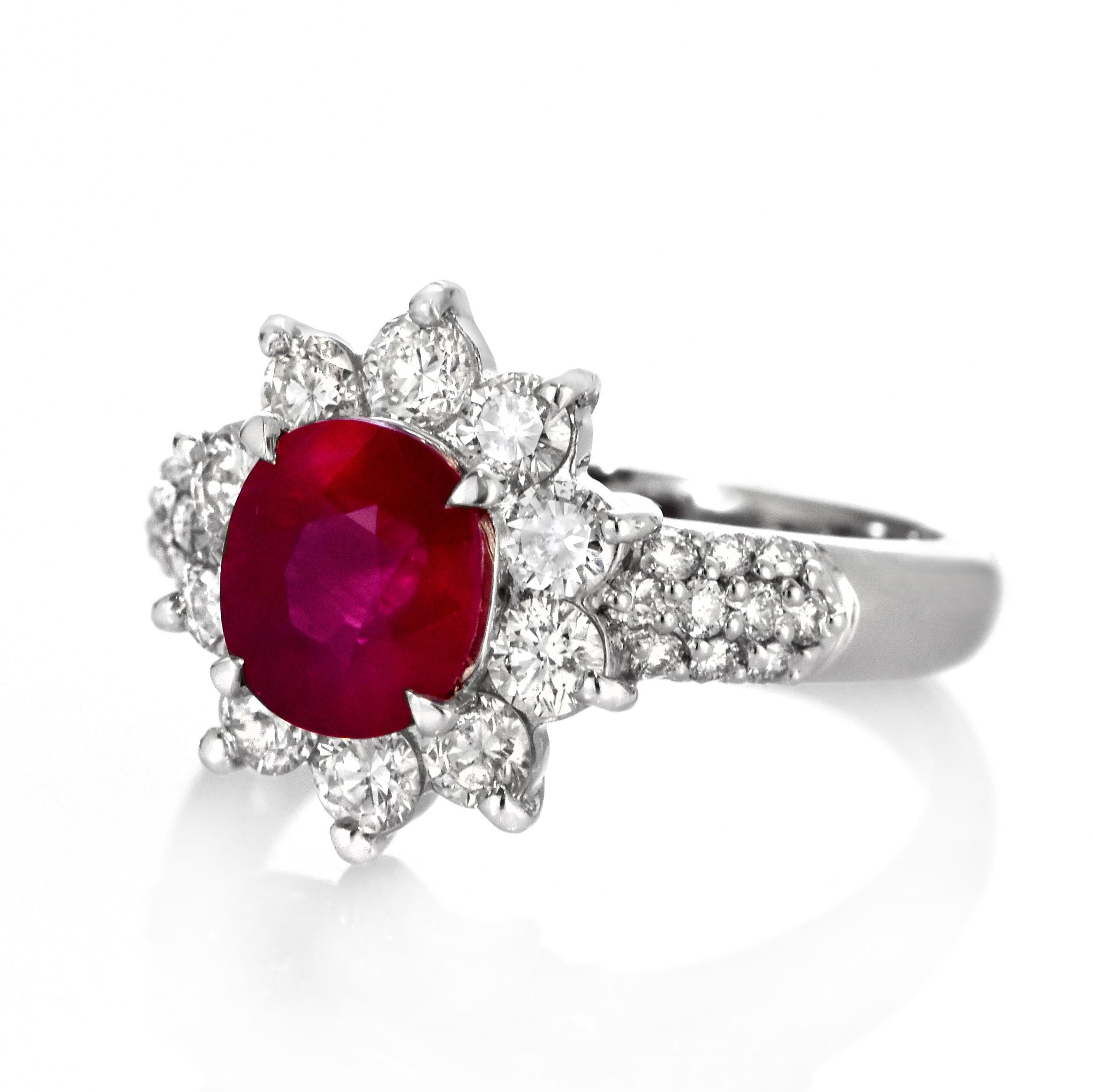 Modern GIA Certified 2.08 Carat Burmese, Pigeon Blood Color Ruby Ring Made in Platinum For Sale