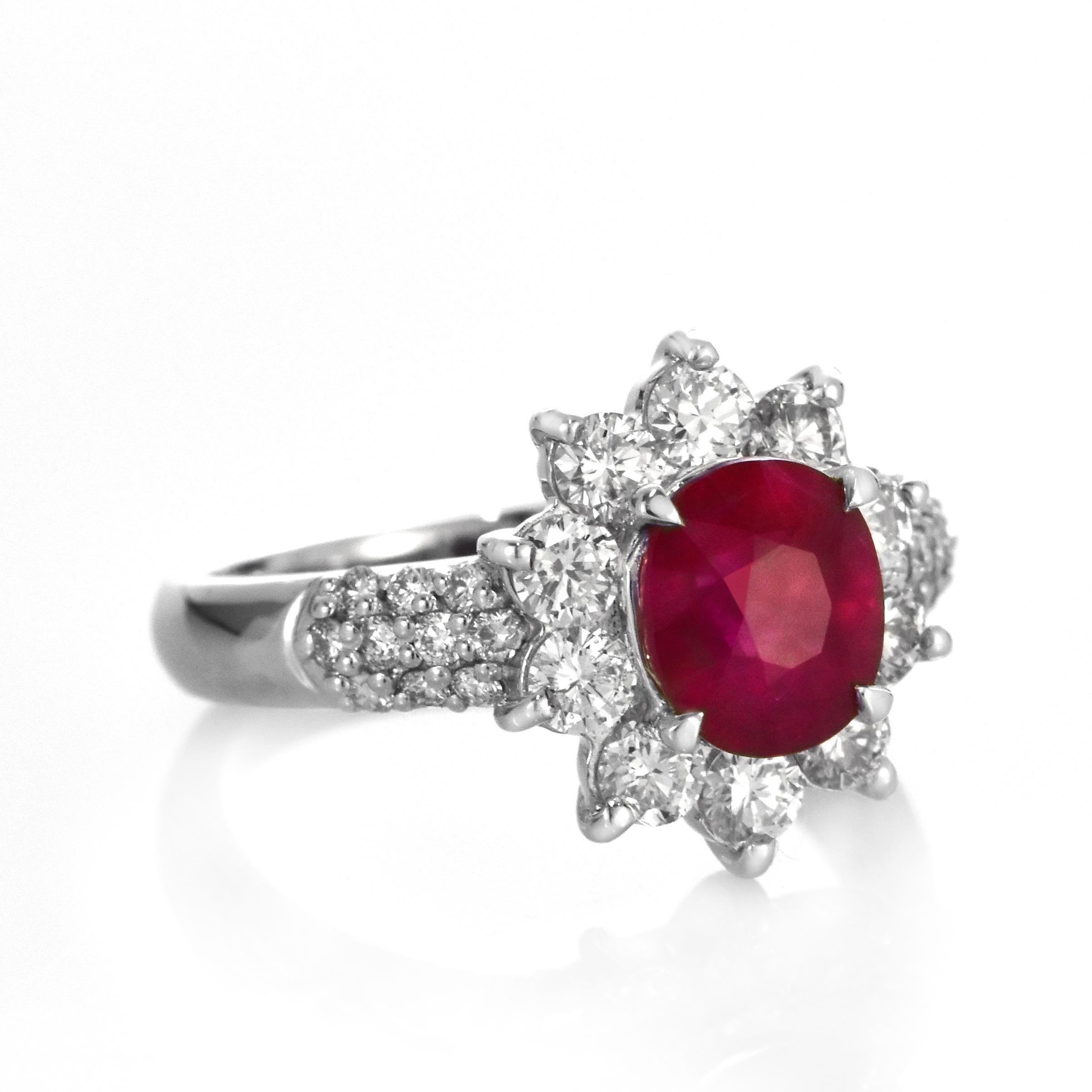 Oval Cut GIA Certified 2.08 Carat Burmese, Pigeon Blood Color Ruby Ring Made in Platinum For Sale