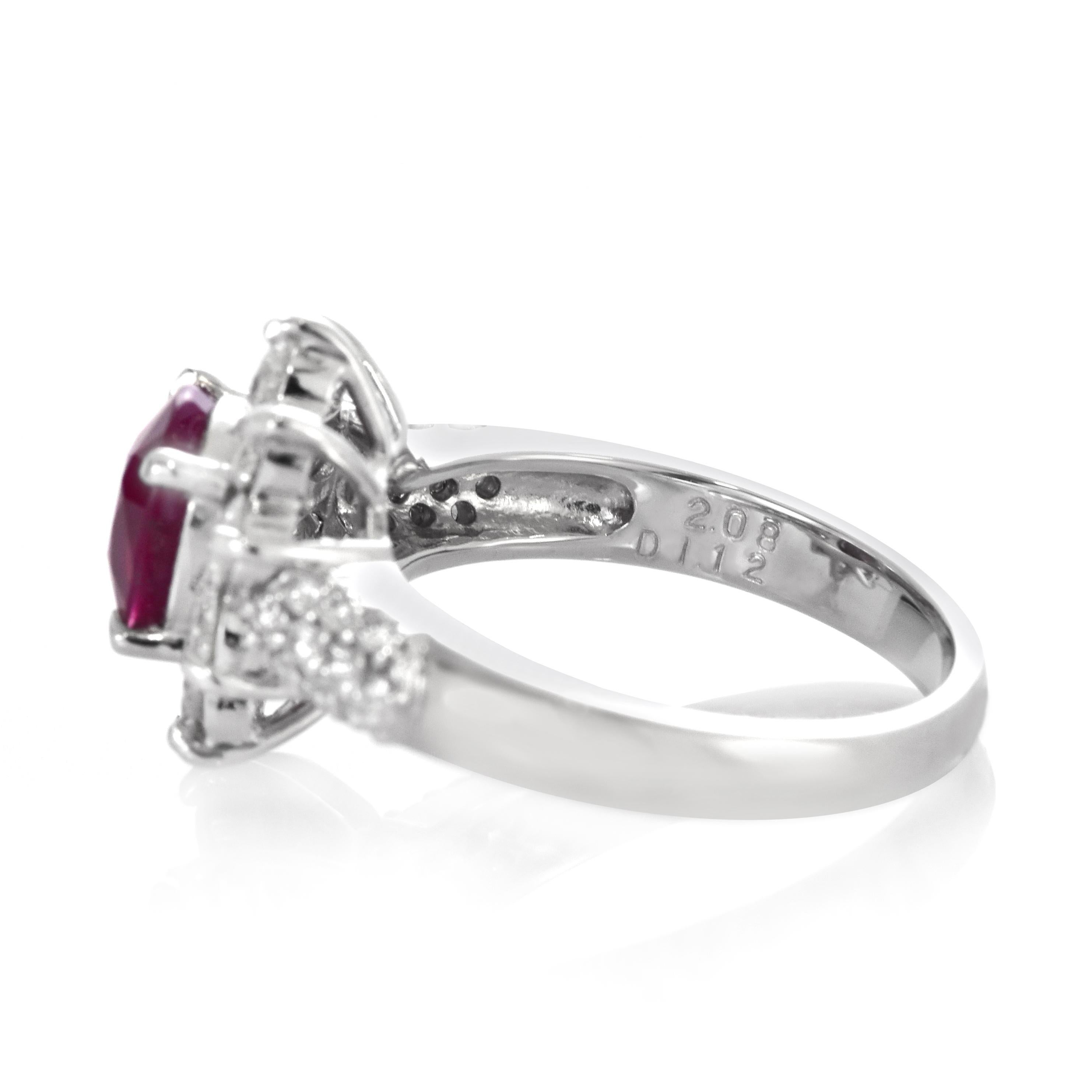 GIA Certified 2.08 Carat Burmese, Pigeon Blood Color Ruby Ring Made in Platinum For Sale 1