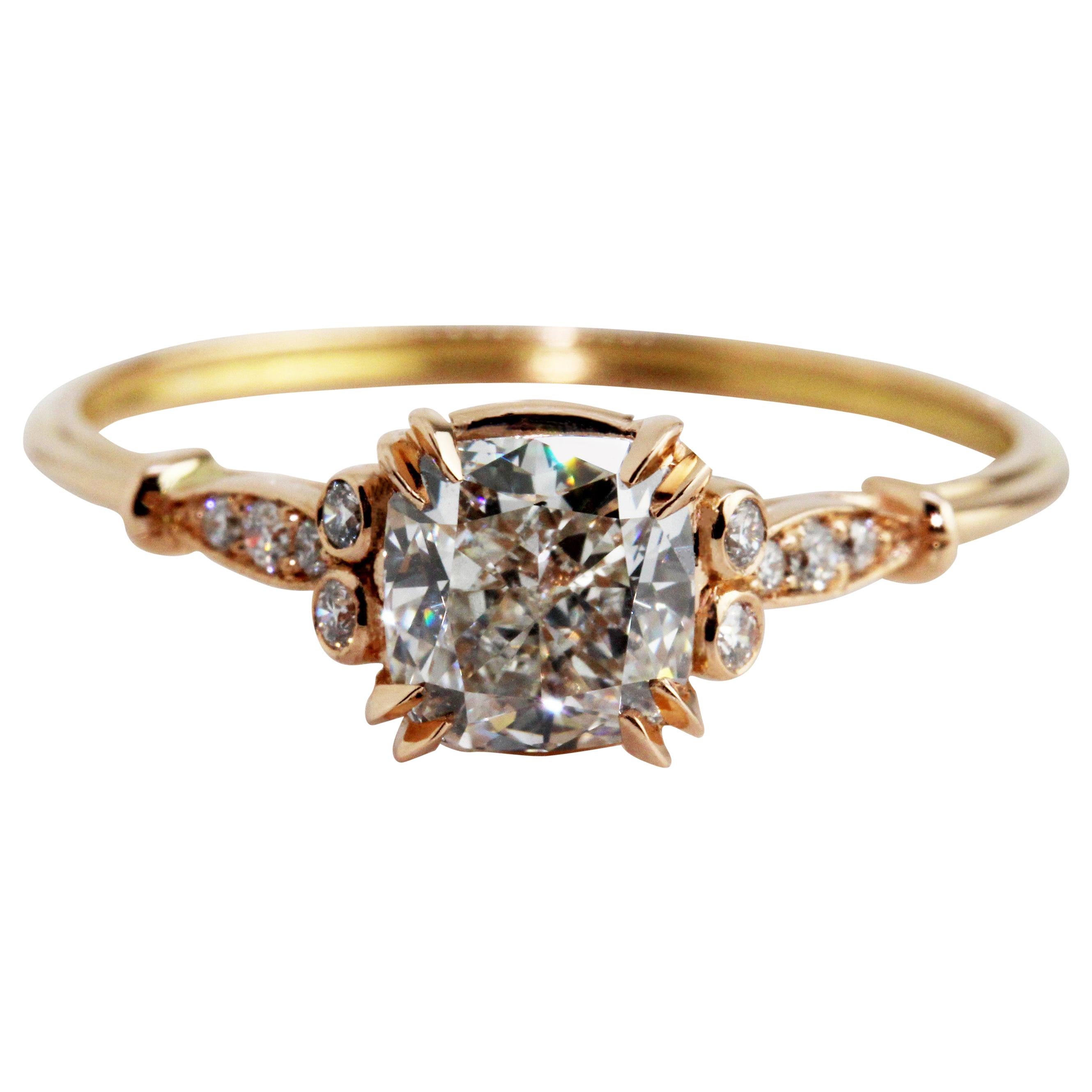 GIA Certified 1.01 Carat Cushion Diamond 18 Karat Rose Gold Newdwardian Ring For Sale