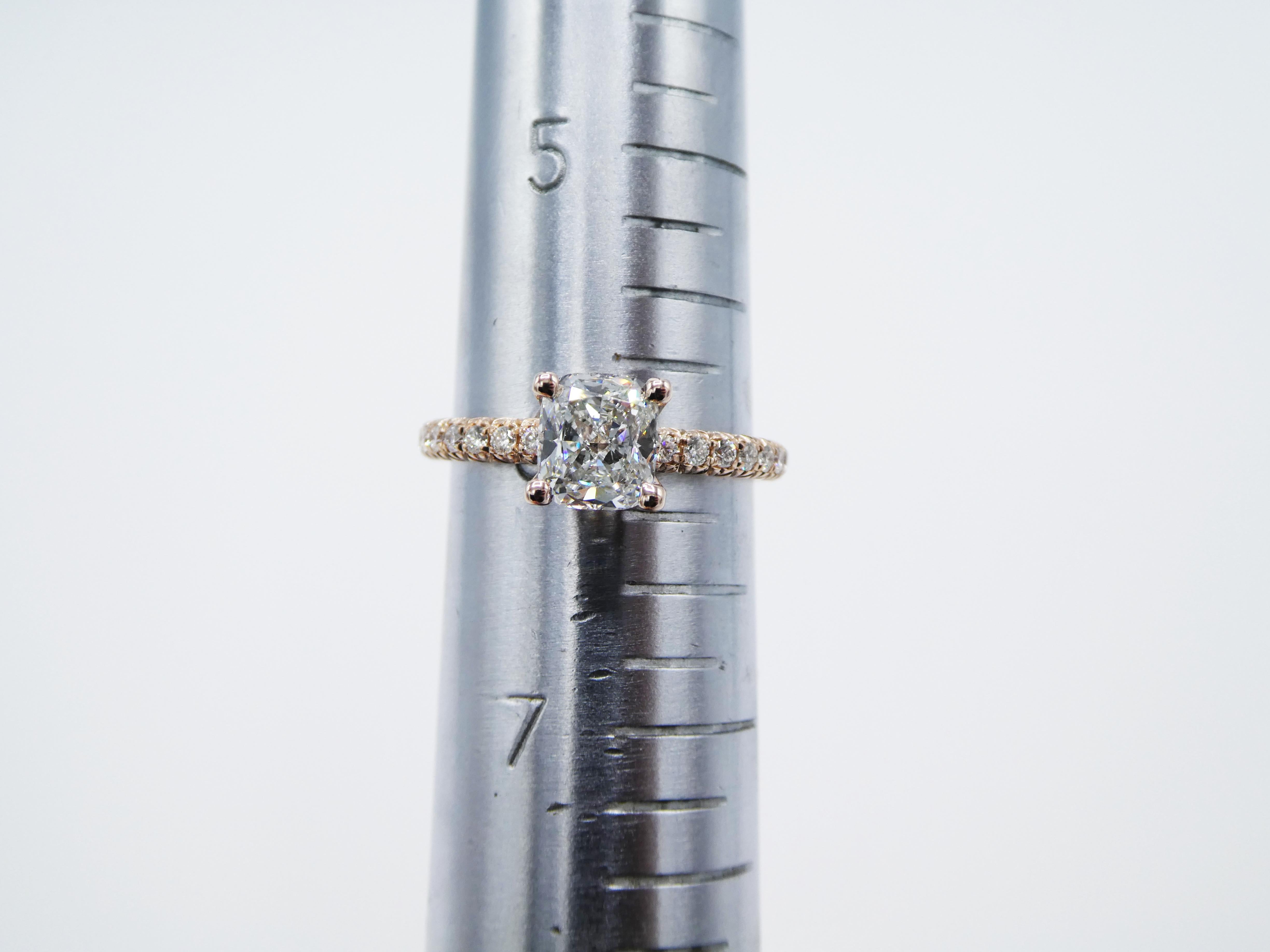 GIA Certified 1.01 Carat Cushion Rose Gold Pave Diamond Engagement Ring In Excellent Condition In  Baltimore, MD