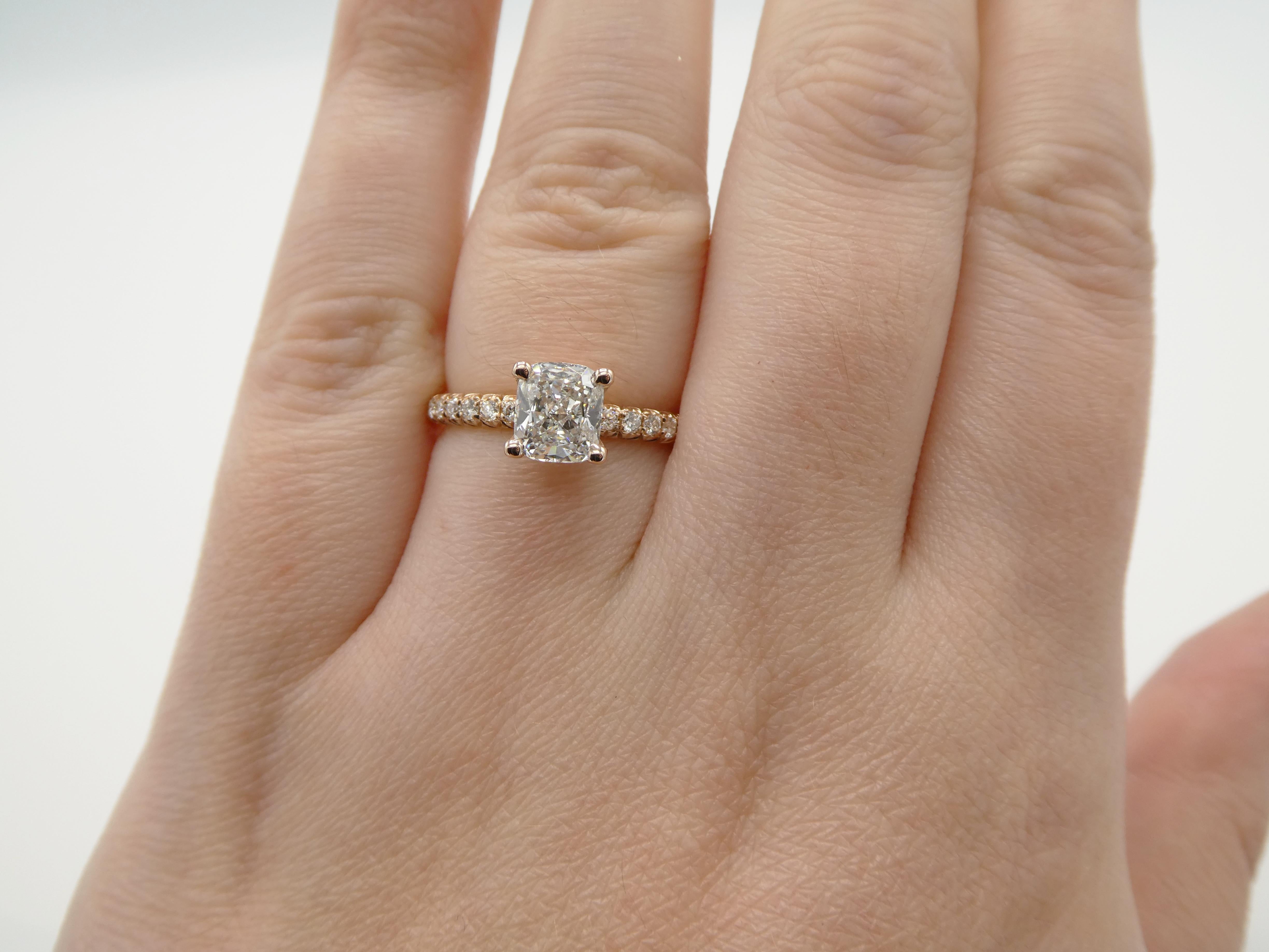 Women's GIA Certified 1.01 Carat Cushion Rose Gold Pave Diamond Engagement Ring