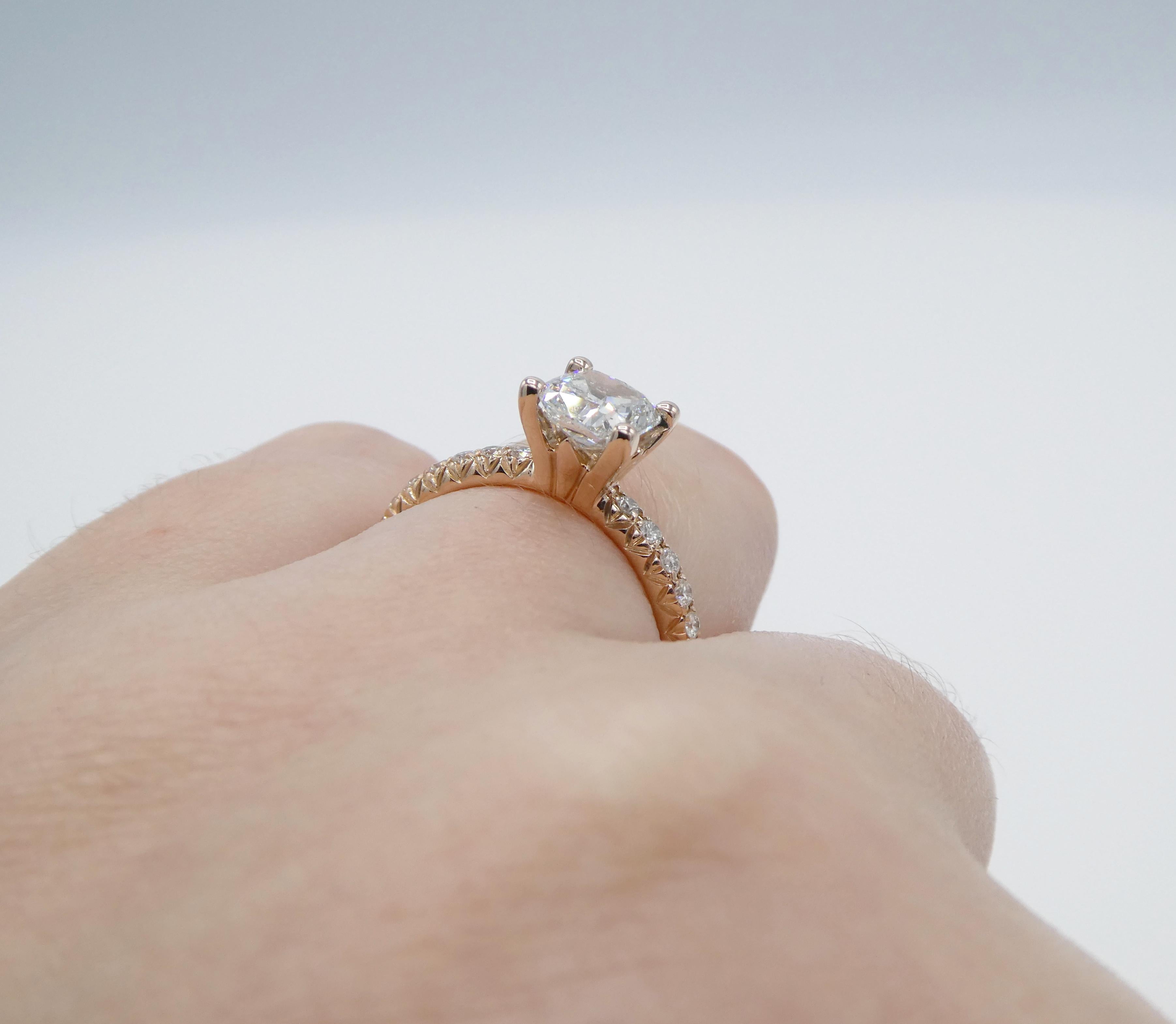 GIA Certified 1.01 Carat Cushion Rose Gold Pave Diamond Engagement Ring 1