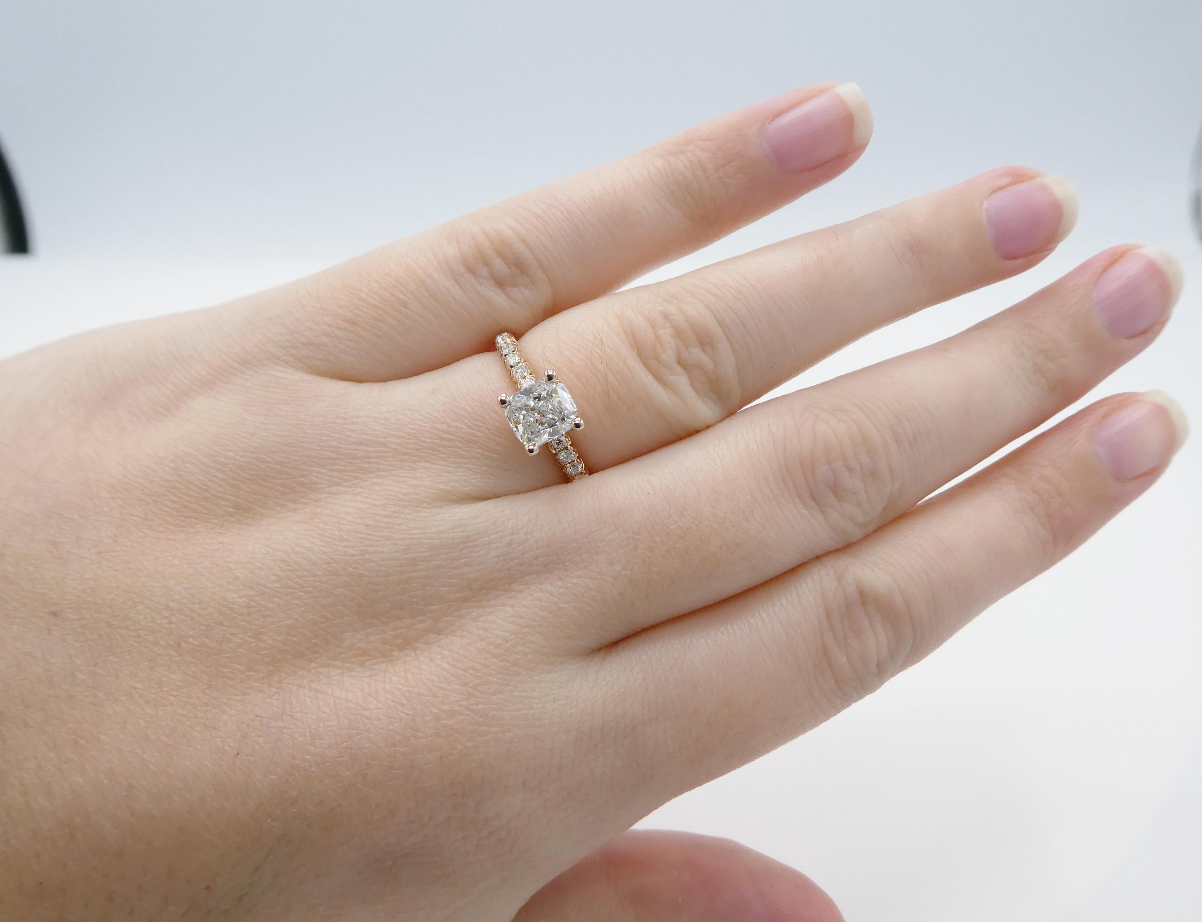 GIA Certified 1.01 Carat Cushion Rose Gold Pave Diamond Engagement Ring 2