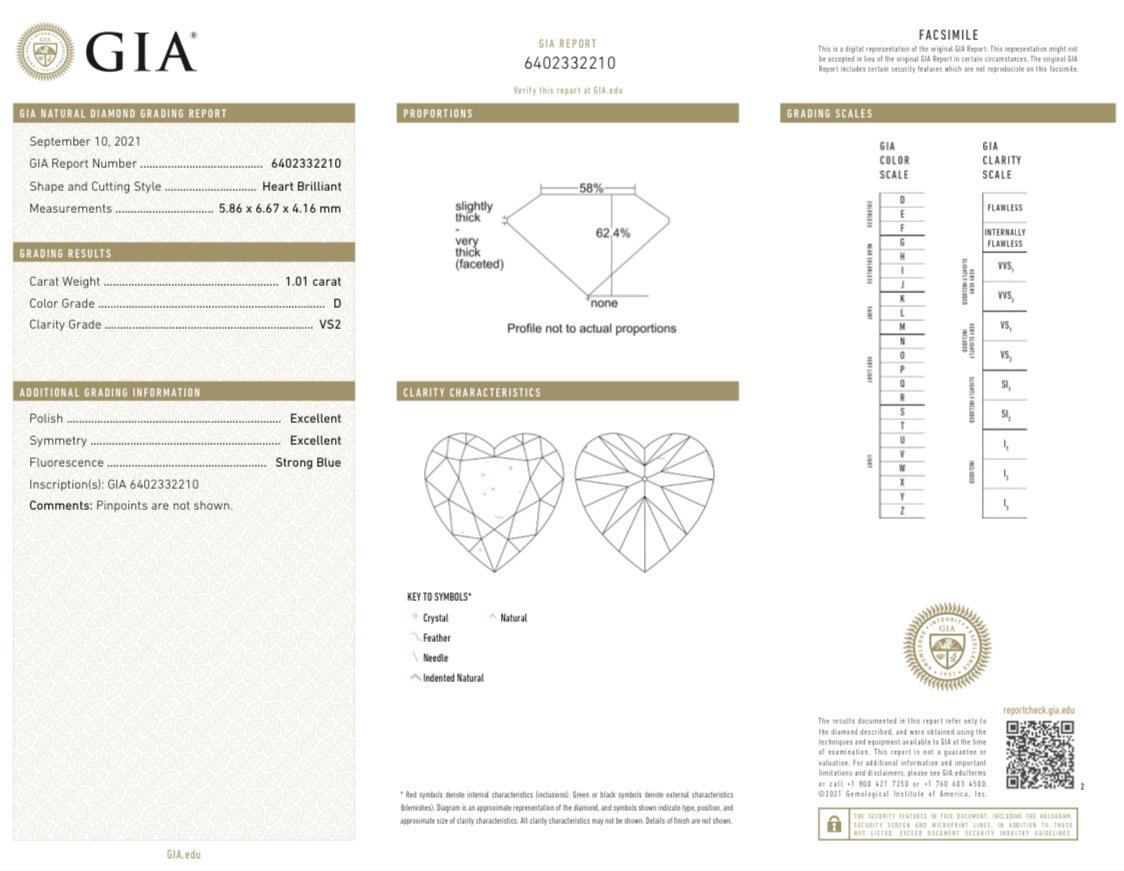 Moderno Diamante a forma di cuore certificato GIA da 1,01 carati con colore D e purezza VS2 in vendita