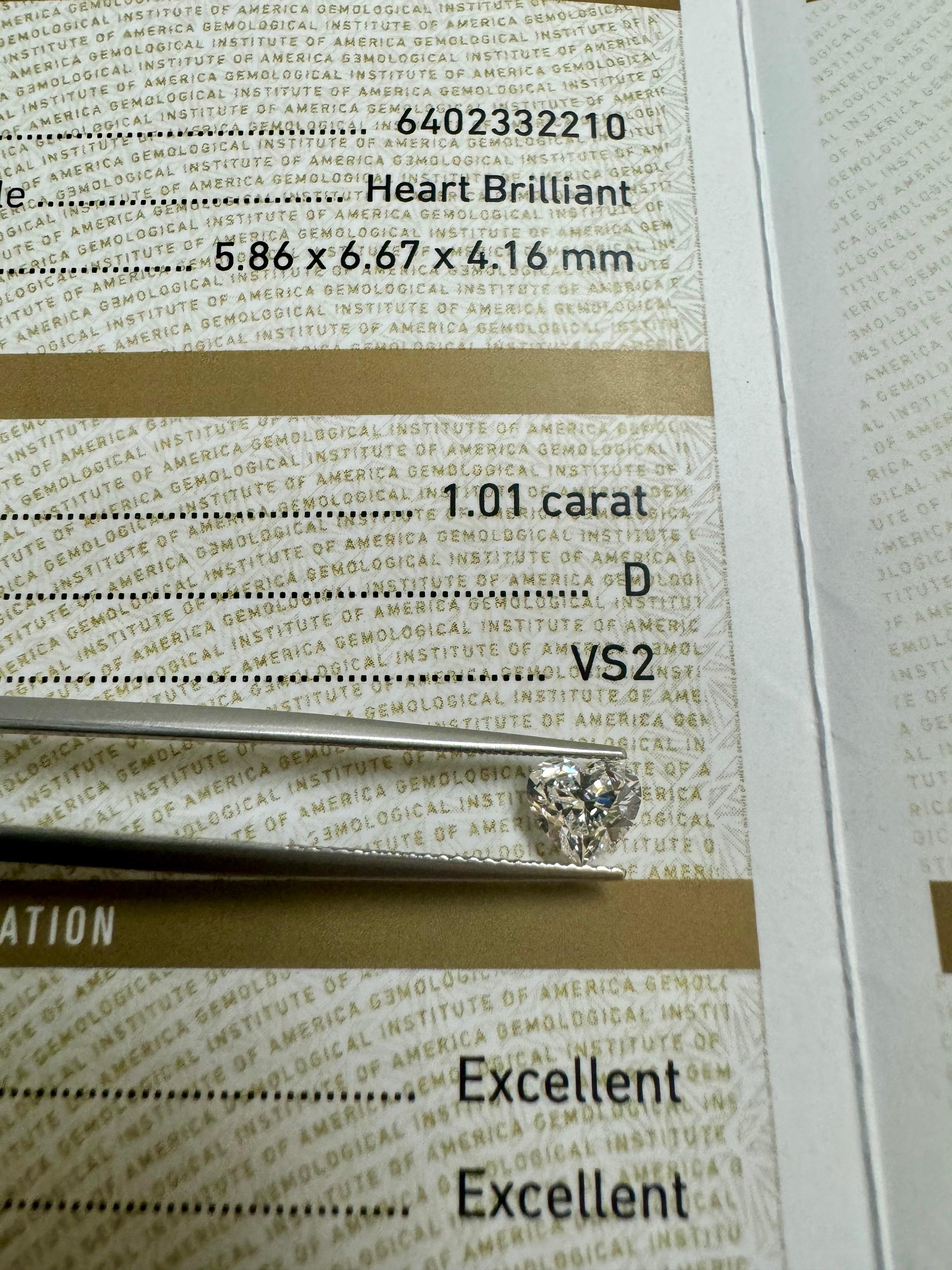 da uomo o donna Diamante a forma di cuore certificato GIA da 1,01 carati con colore D e purezza VS2 in vendita