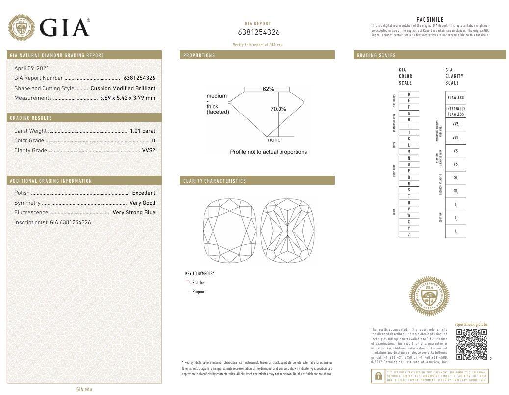 Anello con diamante certificato GIA da 1,01 carati con colore D e purezza VVS2 in vendita 3