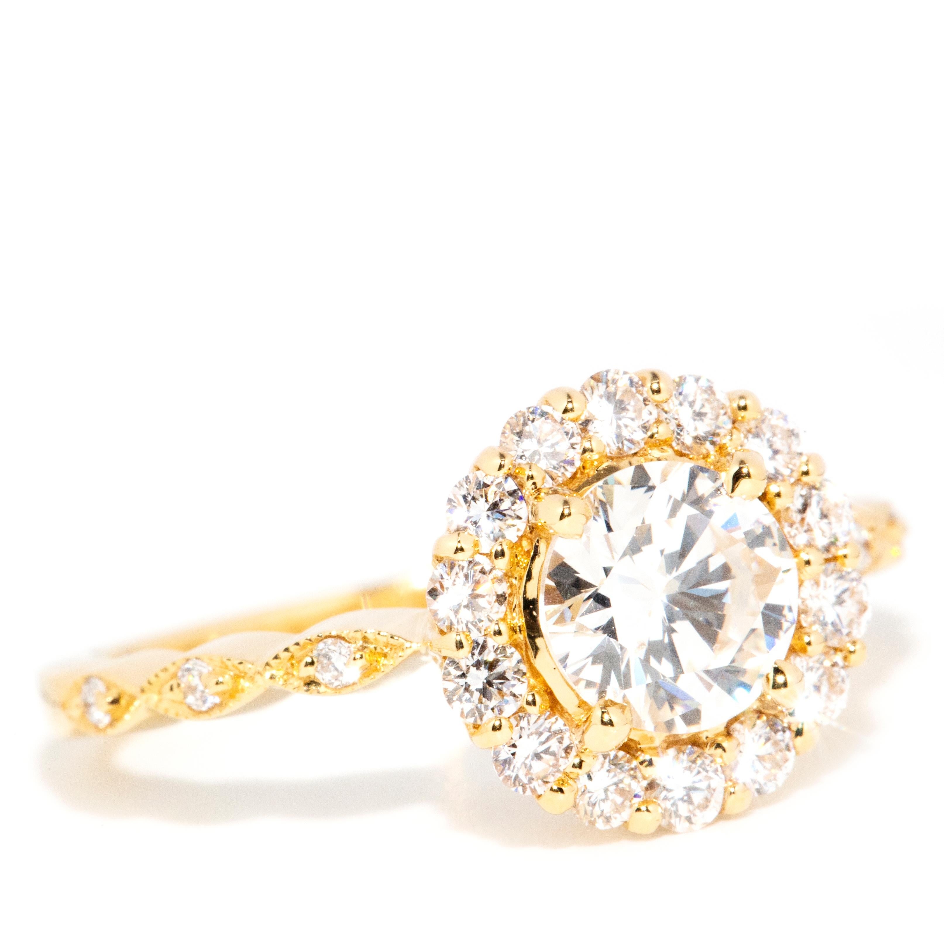 Contemporary GIA Certified 1.01 Carat Diamond Halo Cluster Ring in 18 Carat Yellow Gold For Sale
