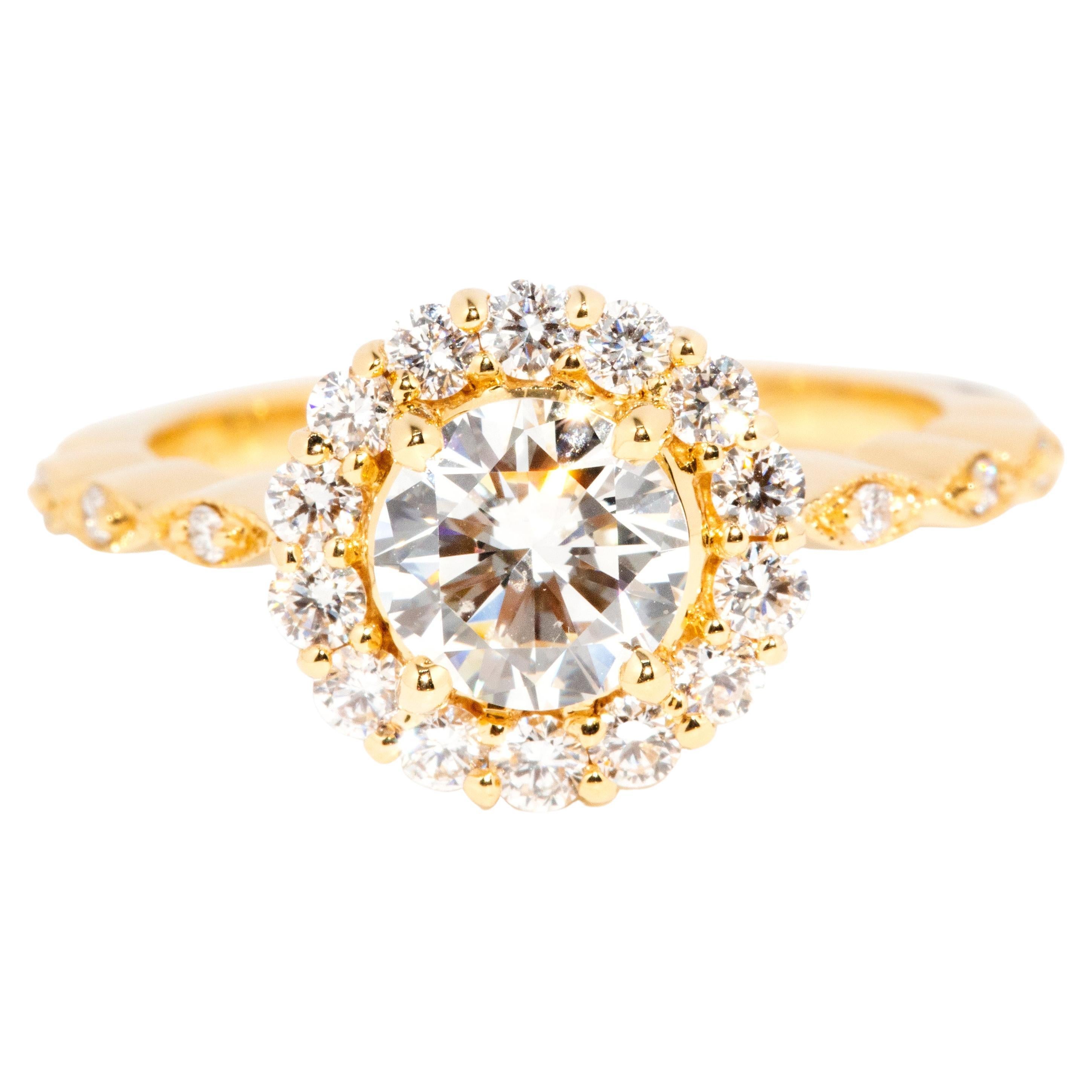 Bague en or jaune 18 carats avec halo de diamants de 1,01 carat certifiés par le GIA