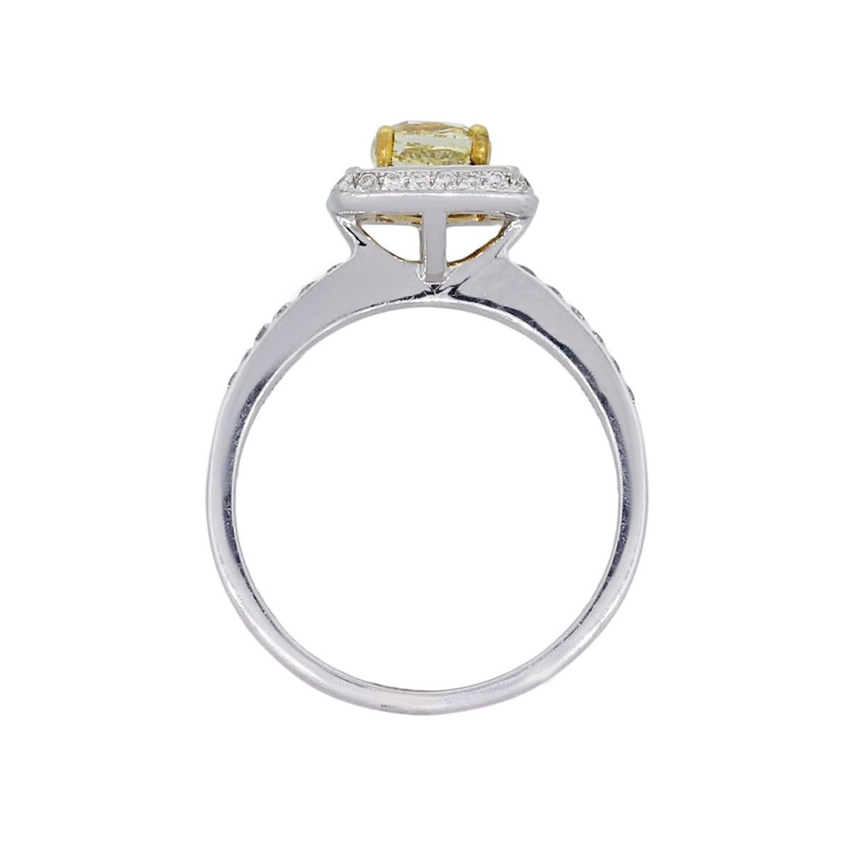 Material: 18k white gold
Center Diamond Details: GIA certified 1.01ct cushion cut fancy yellow diamond, GIA certificate #6107601890
Adjacent Diamond Details: Approximately 0.36ctw of round brilliant diamonds.
Ring Size: 6.50 (can be sized)
Ring