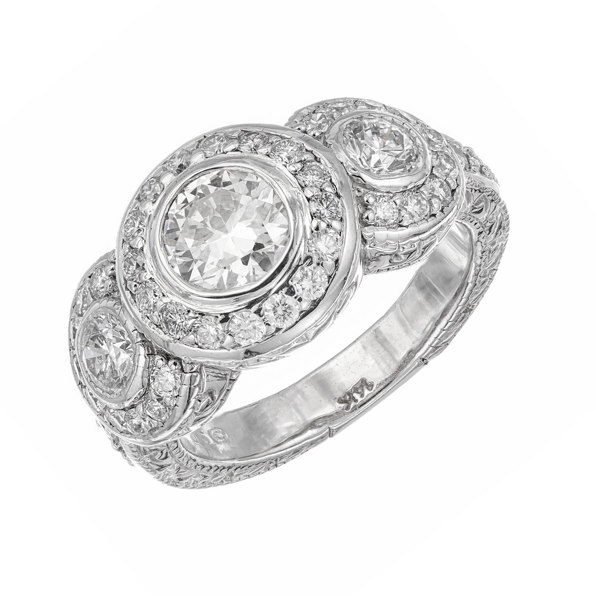 GIA Certified 1.01 Carat Diamond White Gold Three Stone Halo Engagement Ring 