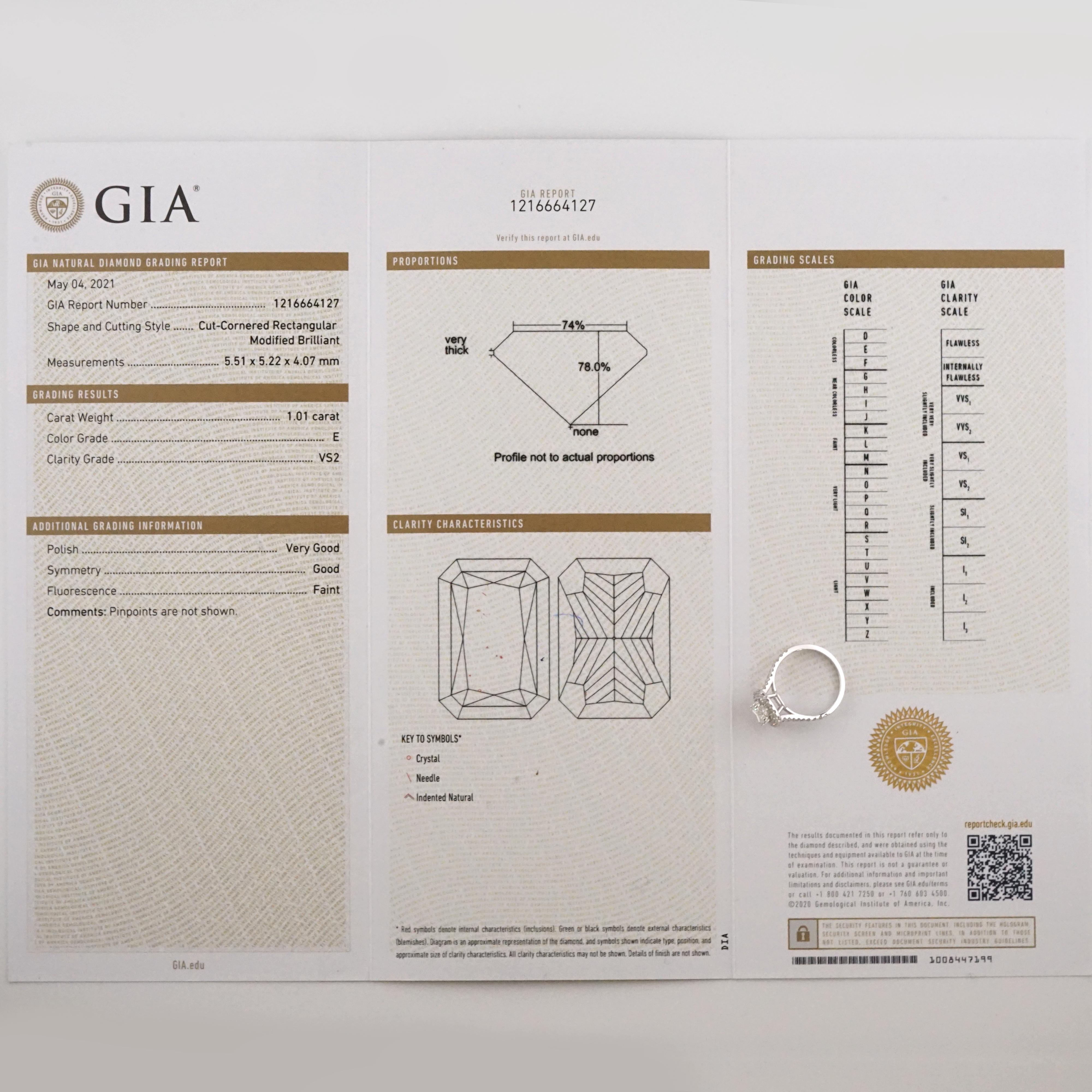 GIA Certified 1.01 Carat E VS2 Radiant Cut 14K White Gold Engagement Ring For Sale 1