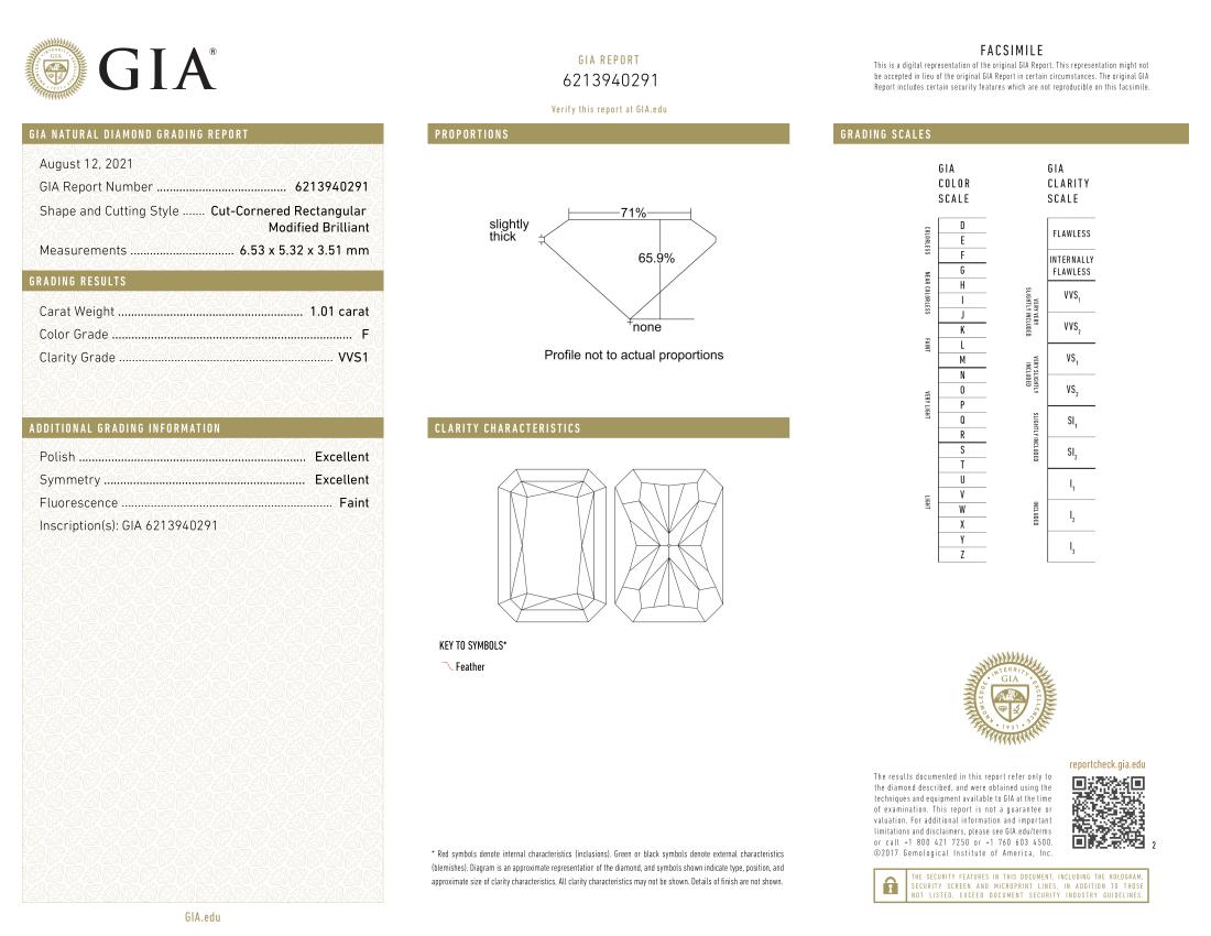 Modern GIA Certified 1.01 Carat Engagement Diamond Radiant Cut Platinum F Color VVS1 