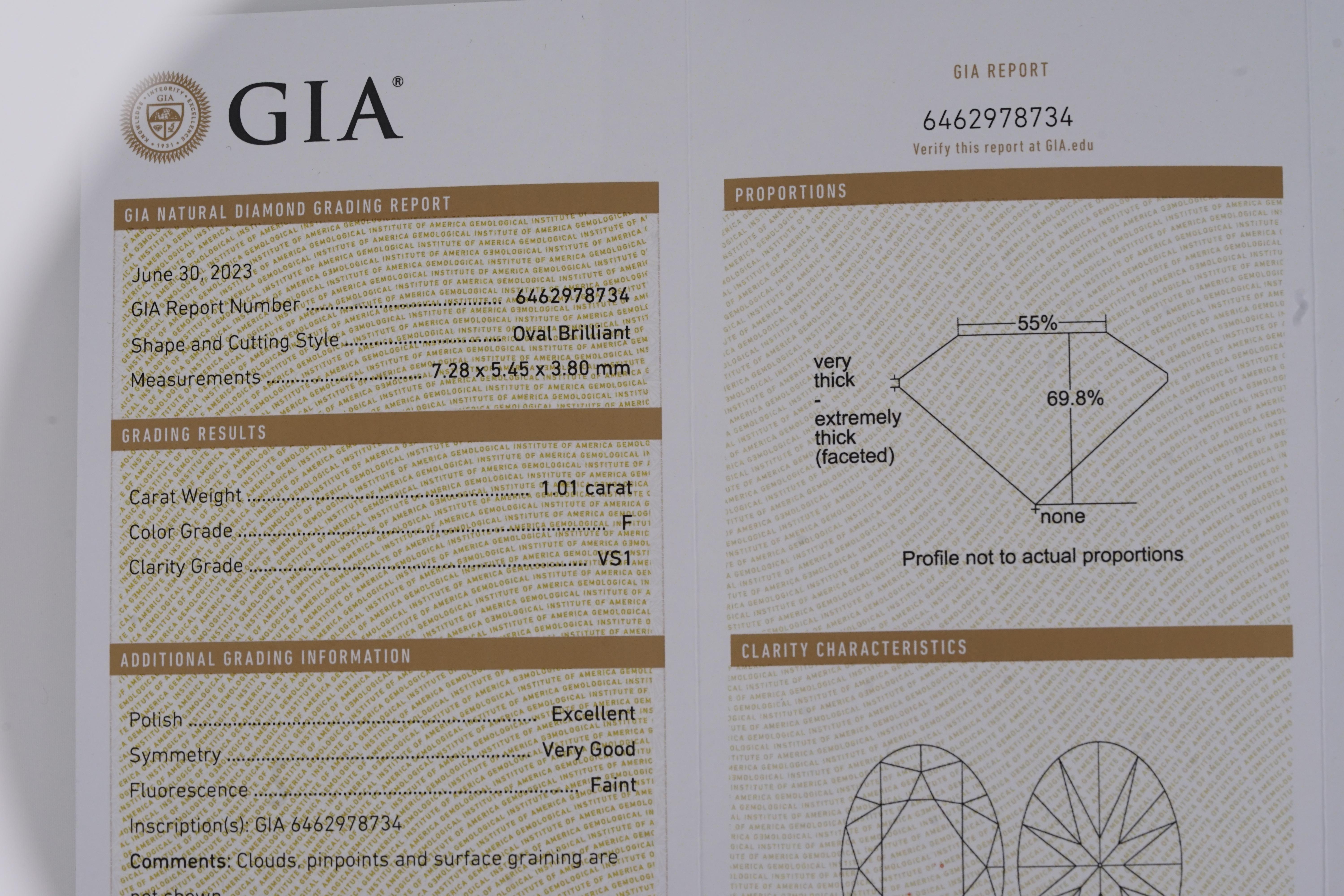 GIA Certified 1.01 Carat F VS1 Oval Diamond 14K White Gold Ring In New Condition For Sale In Chicago, IL
