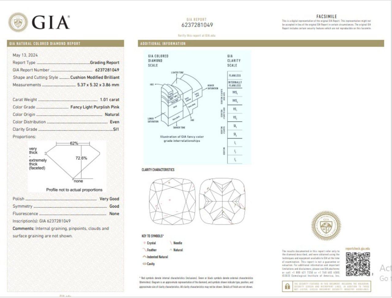 GIA Certified 1.01 Carat Faint Pink SI1 Clarity Diamond For Sale 1