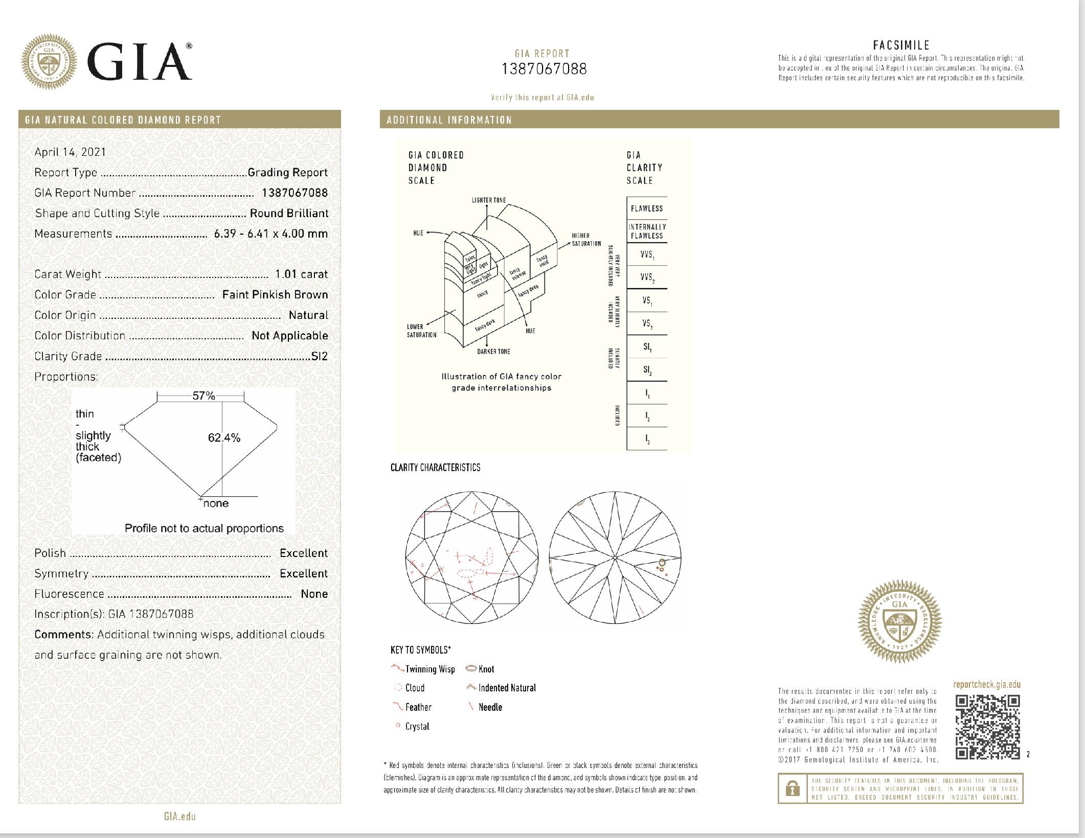 GIA Certified 1.01 Carat Faint Pinkish Brown SI2 Clarity Diamond 1