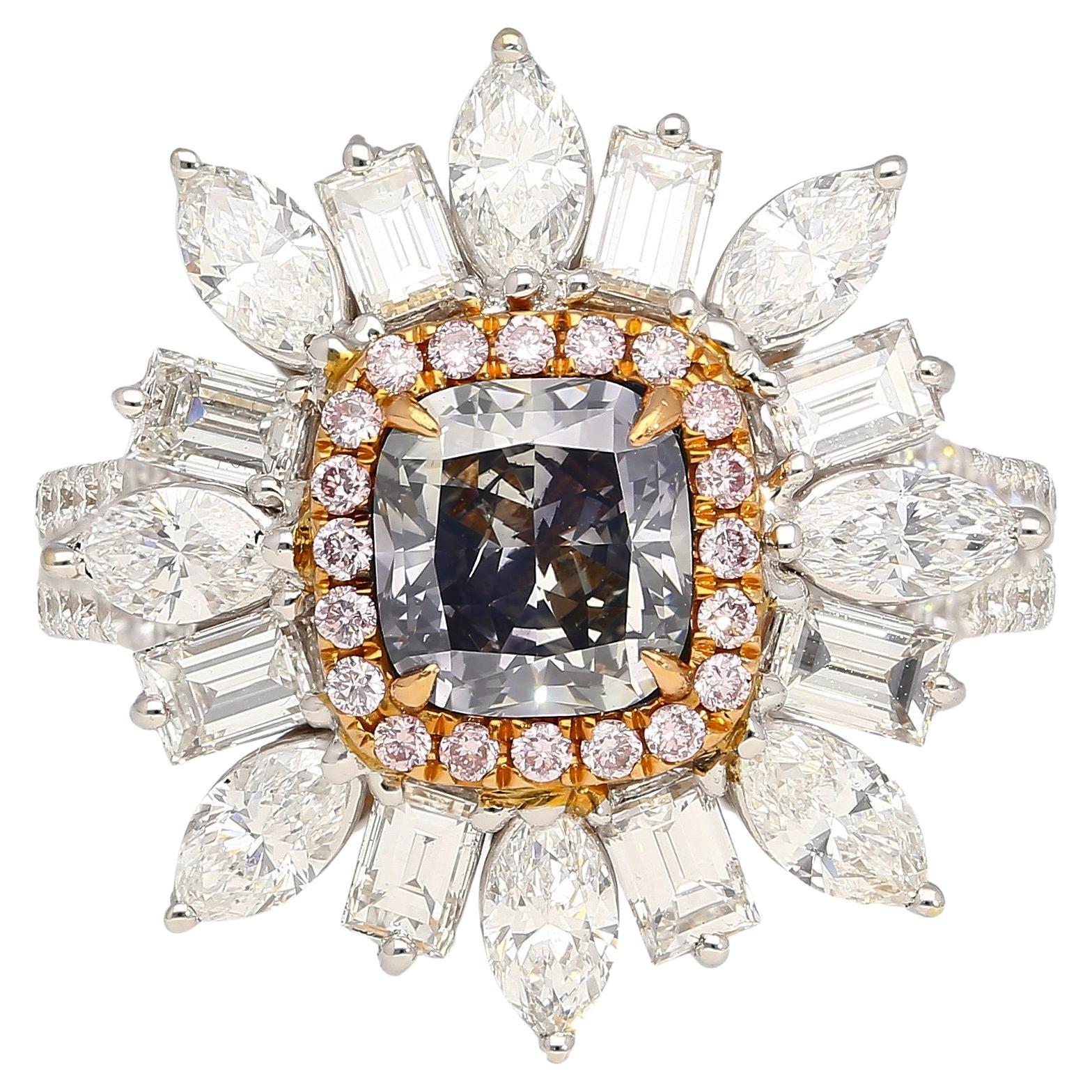 GIA Certified 1.01 Carat Fancy Blue Diamond, Pink Diamond and Diamond 18K Ring For Sale