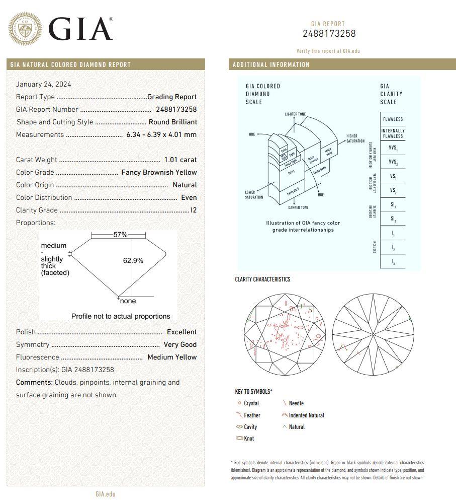 GIA Certified 1.01 Carat Fancy Brownish Yellow I2 Clarity Diamond For Sale 1