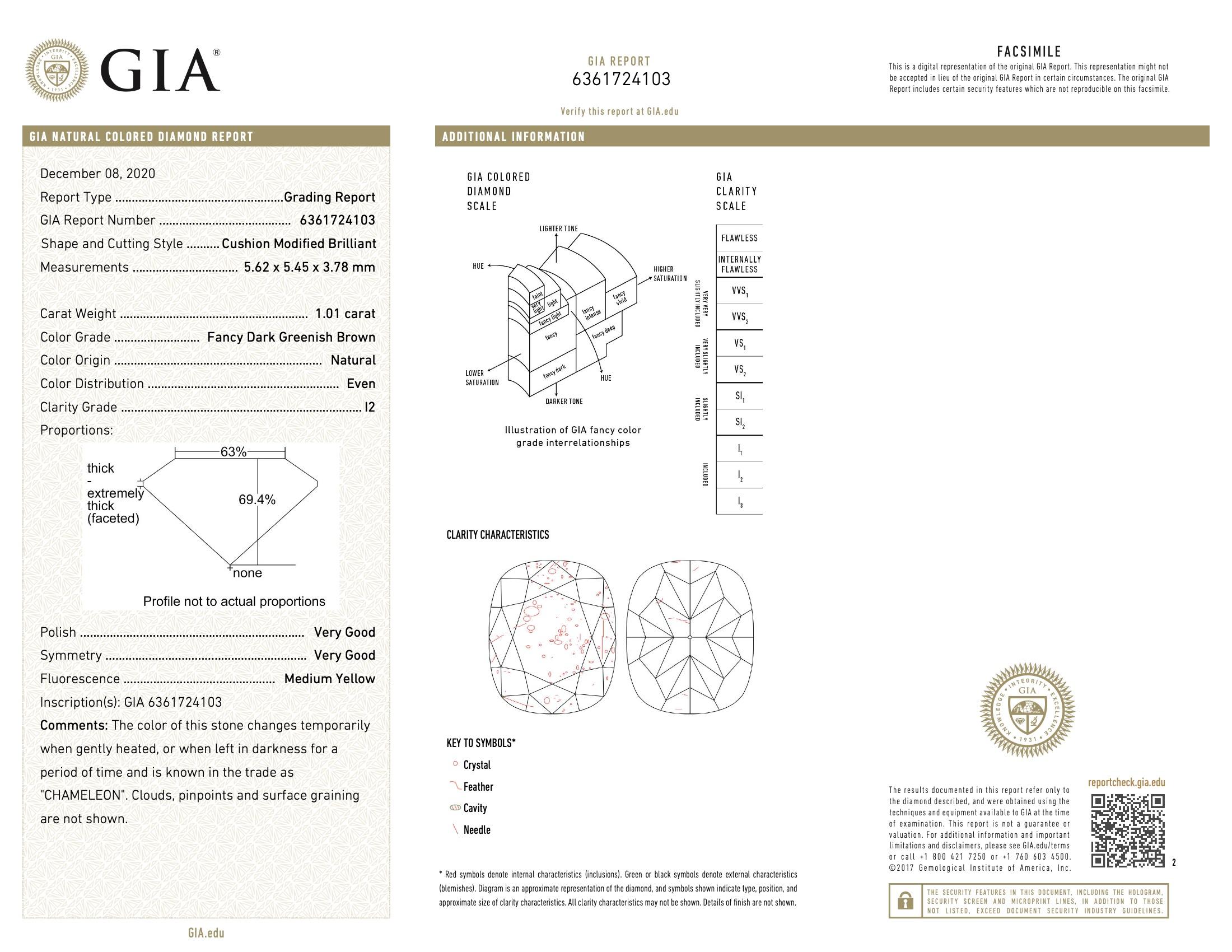 Cushion Cut GIA Certified 1.01 Carat Fancy Dark Greenish Brown I2 Clarity Diamond
