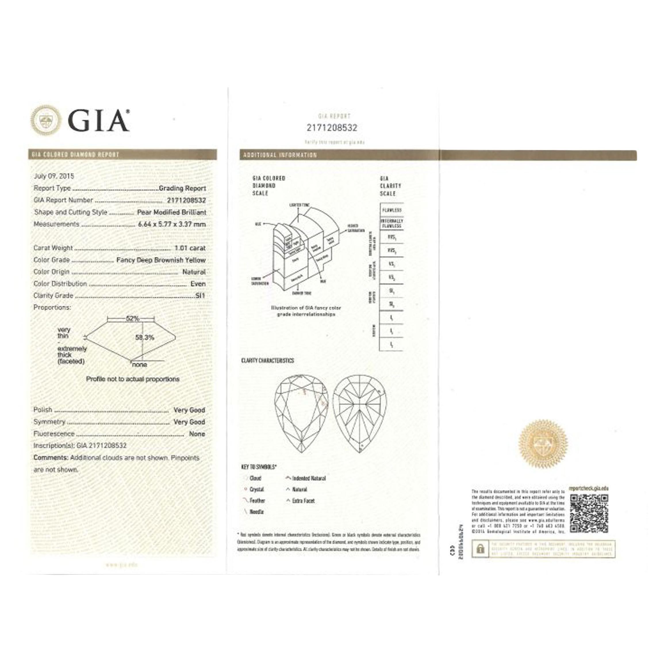 GIA Certified 1.01 Carat Fancy Deep Brownish Yellow Pear Diamond Engagement Ring In New Condition For Sale In New York, NY