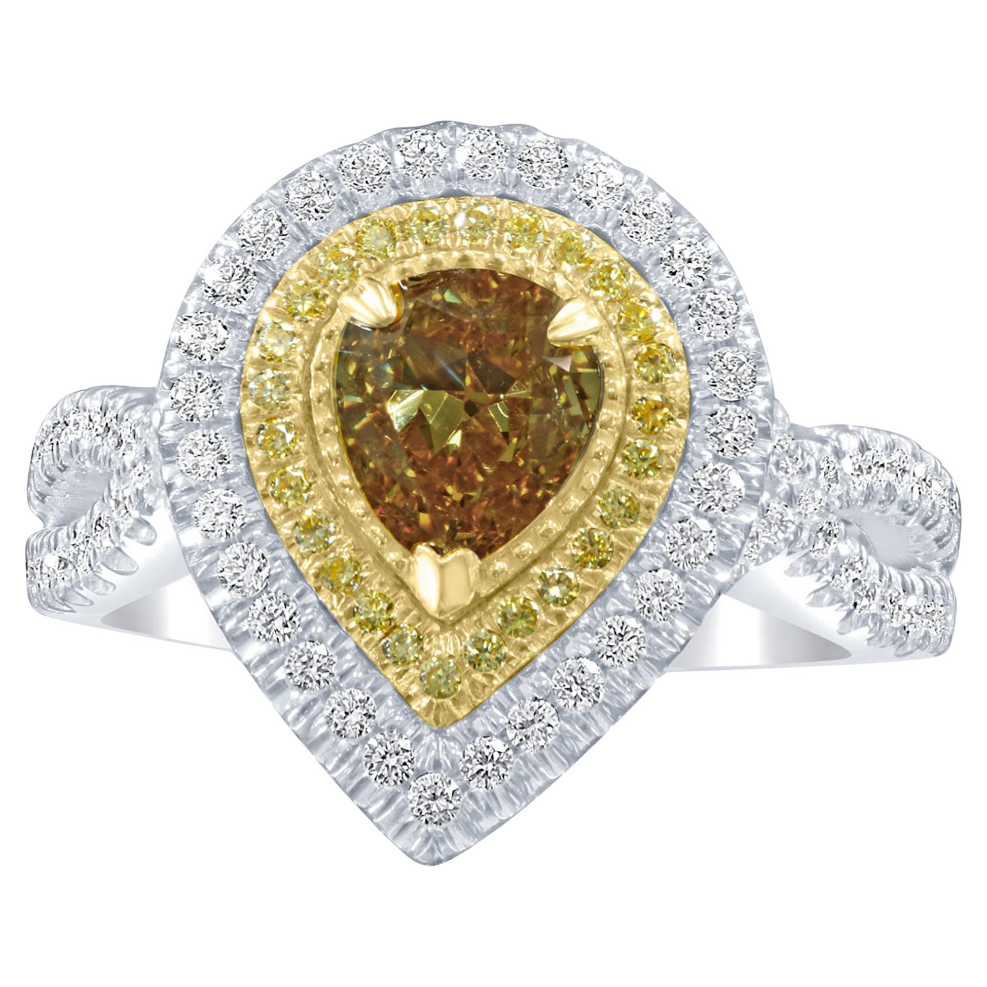 GIA Certified 1.01 Carat Fancy Deep Brownish Yellow Pear Diamond Engagement Ring