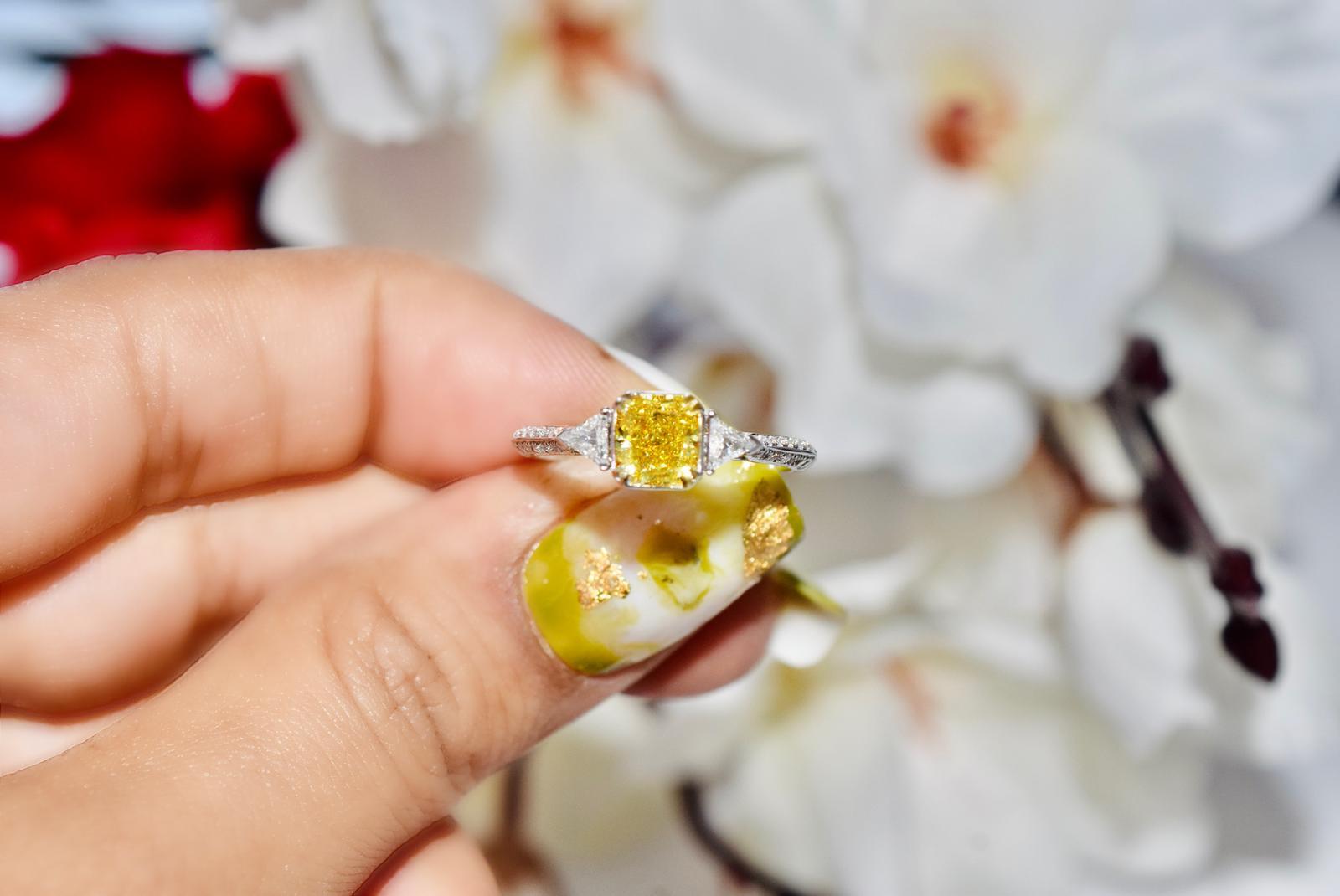**100% NATURAL FANCY COLOUR DIAMOND JEWELRY**

✪ Jewelry Details ✪

♦ MAIN STONE DETAILS

➛ Stone Shape: Radiant
➛ Stone Color: Fancy Deep Yellow
➛ Stone Clarity: VS2
➛ Stone Weight: 1.01 carats
➛ GIA certified

♦ SIDE STONE DETAILS

➛ Side white