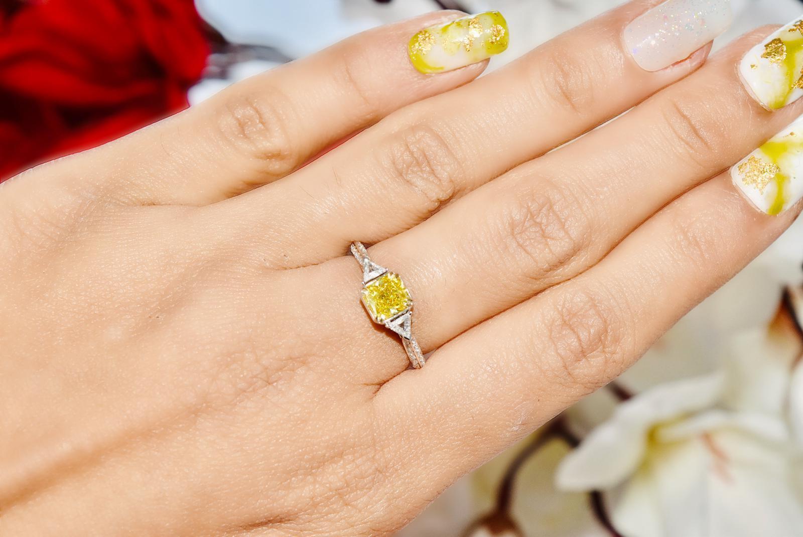 Radiant Cut GIA Certified 1.01 Carat Fancy Deep Yellow Diamond Ring VS2 Clarity For Sale