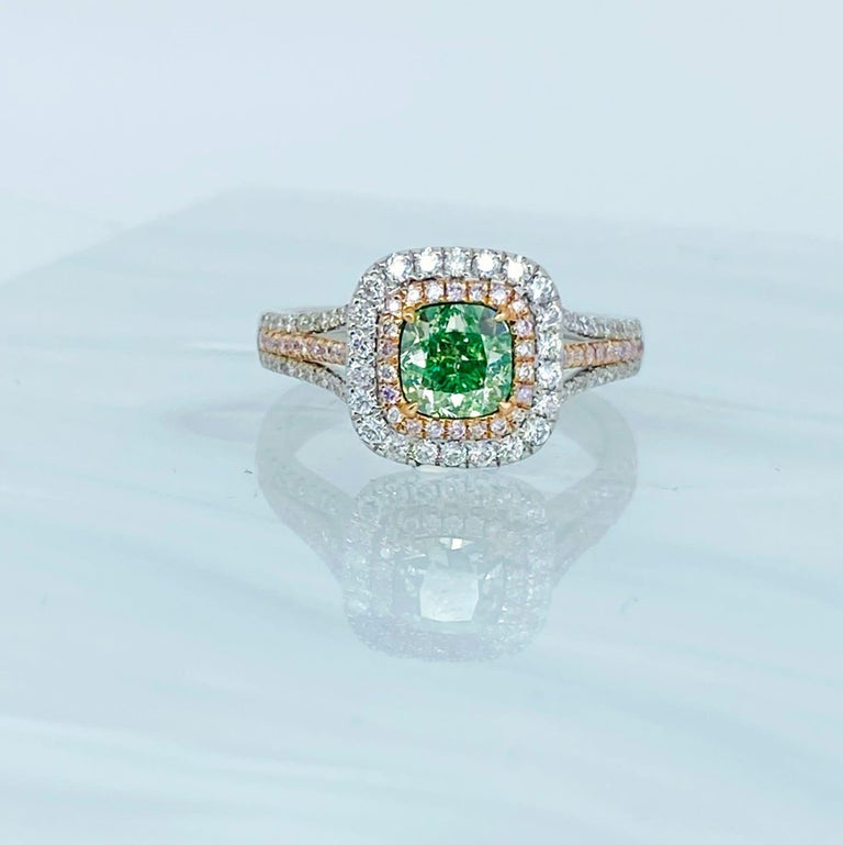 GIA Certified 1.01 Carat Fancy GreenYellow Cushion Diamond Ring