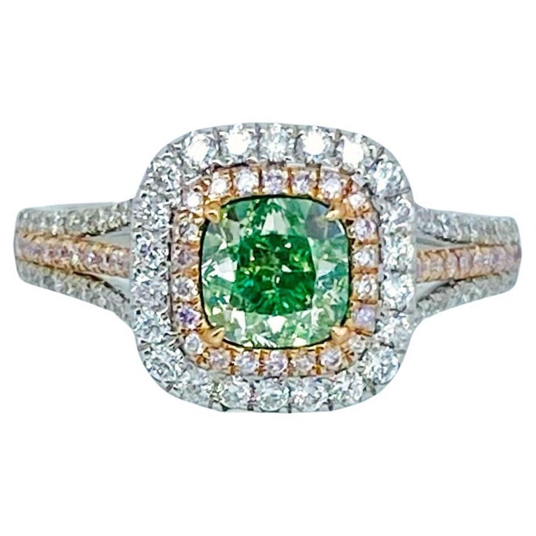 GIA Certified 1.01 Carat Fancy GreenYellow Cushion Diamond Ring
