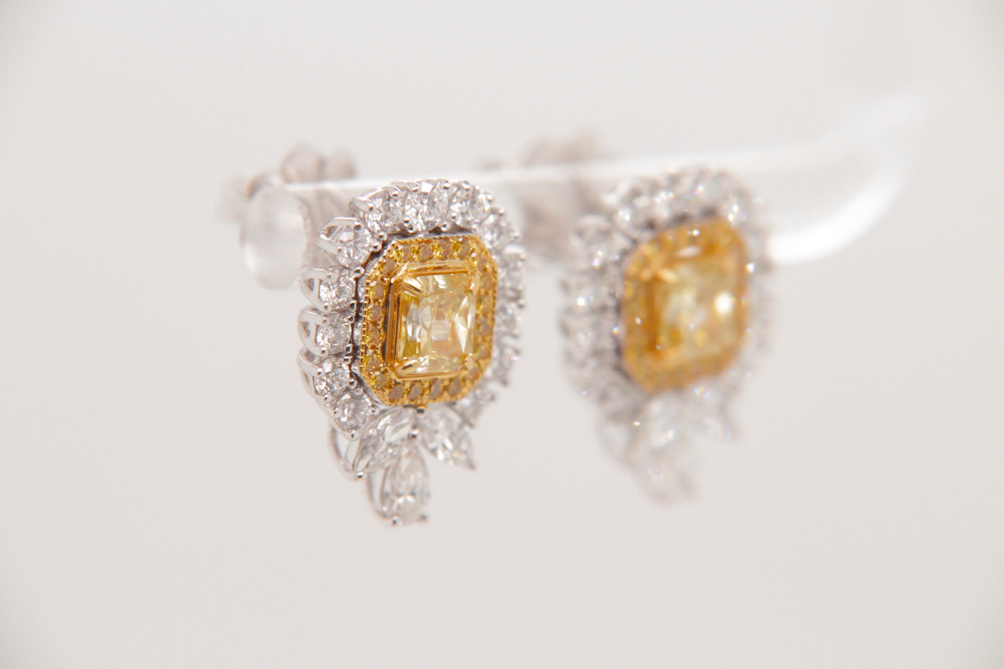 Cushion Cut GIA Certified 1.01 carat Fancy Intense Yellow Diamond Flower Stud Earrings For Sale