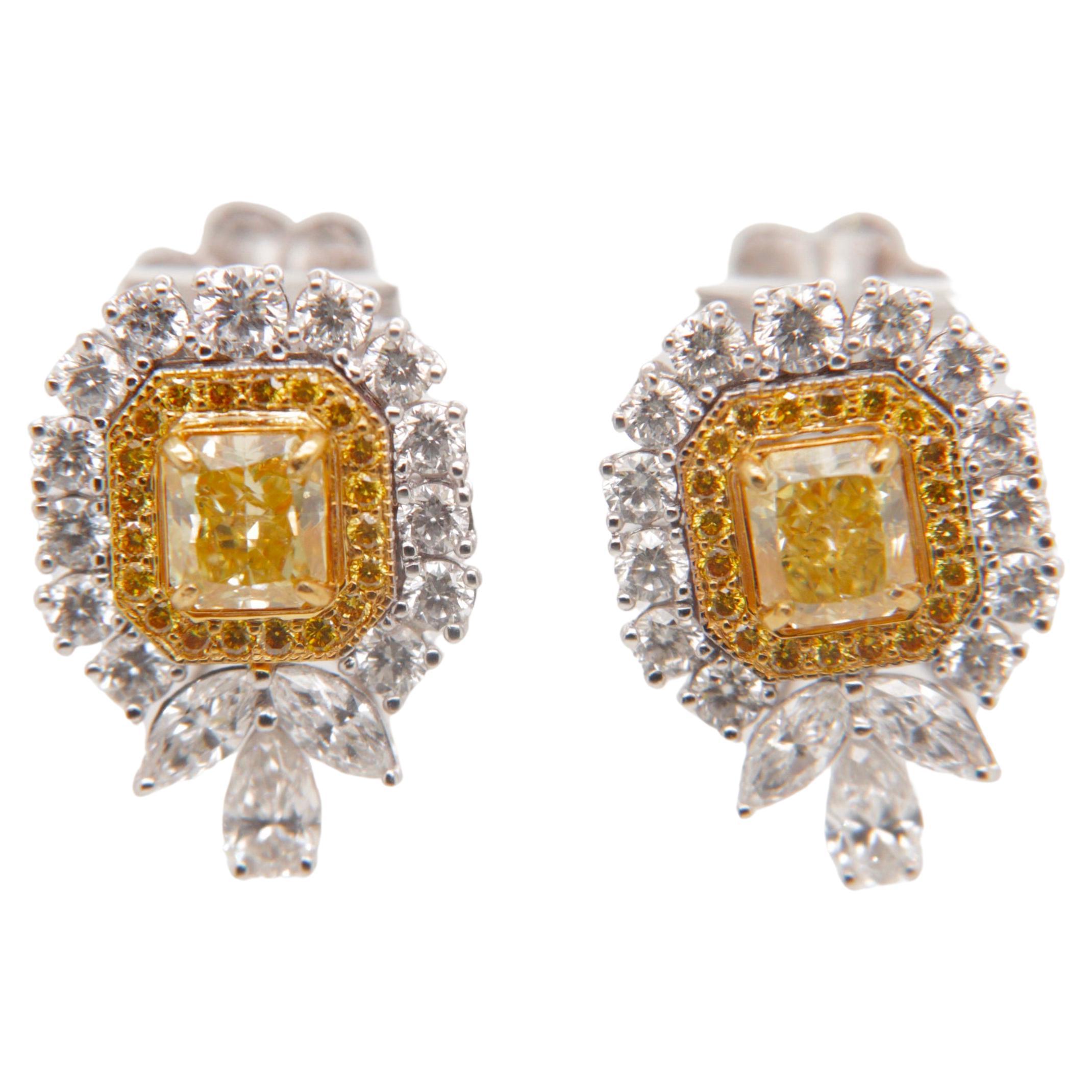 GIA Certified 1.01 carat Fancy Intense Yellow Diamond Flower Stud Earrings