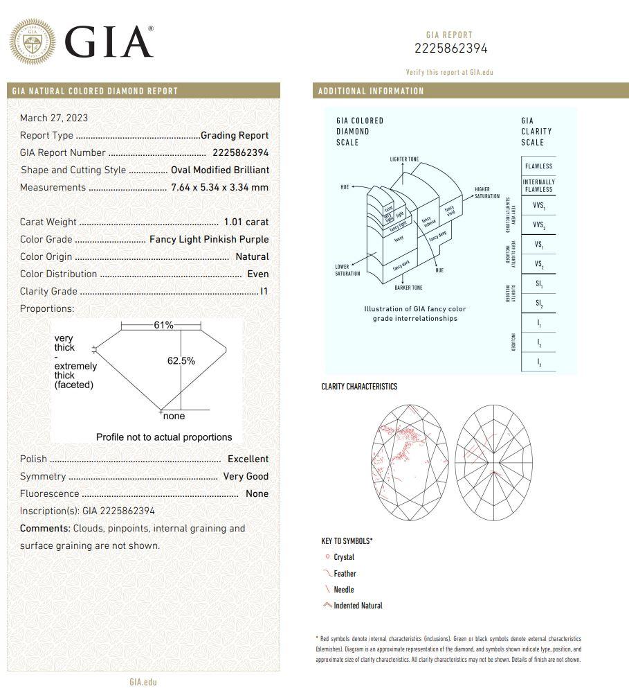 GIA Certified 1.01 Carat Fancy Light Pinkish Purple I1 Clarity Diamond For Sale 1