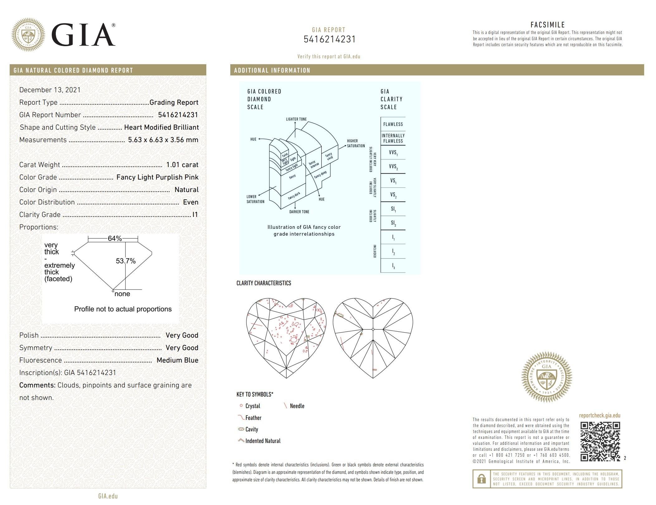 GIA Certified 1.01 Carat Fancy Light Purplish Pink I1 Clarity Diamond For Sale 1