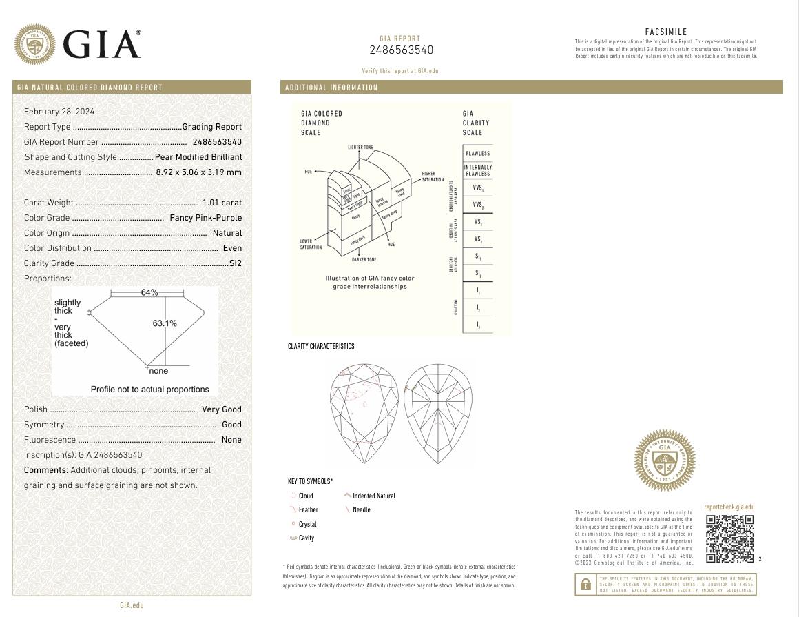 GIA Certified 1.01 Carat Fancy Pink Purple SI2 Clarity Diamond For Sale 1