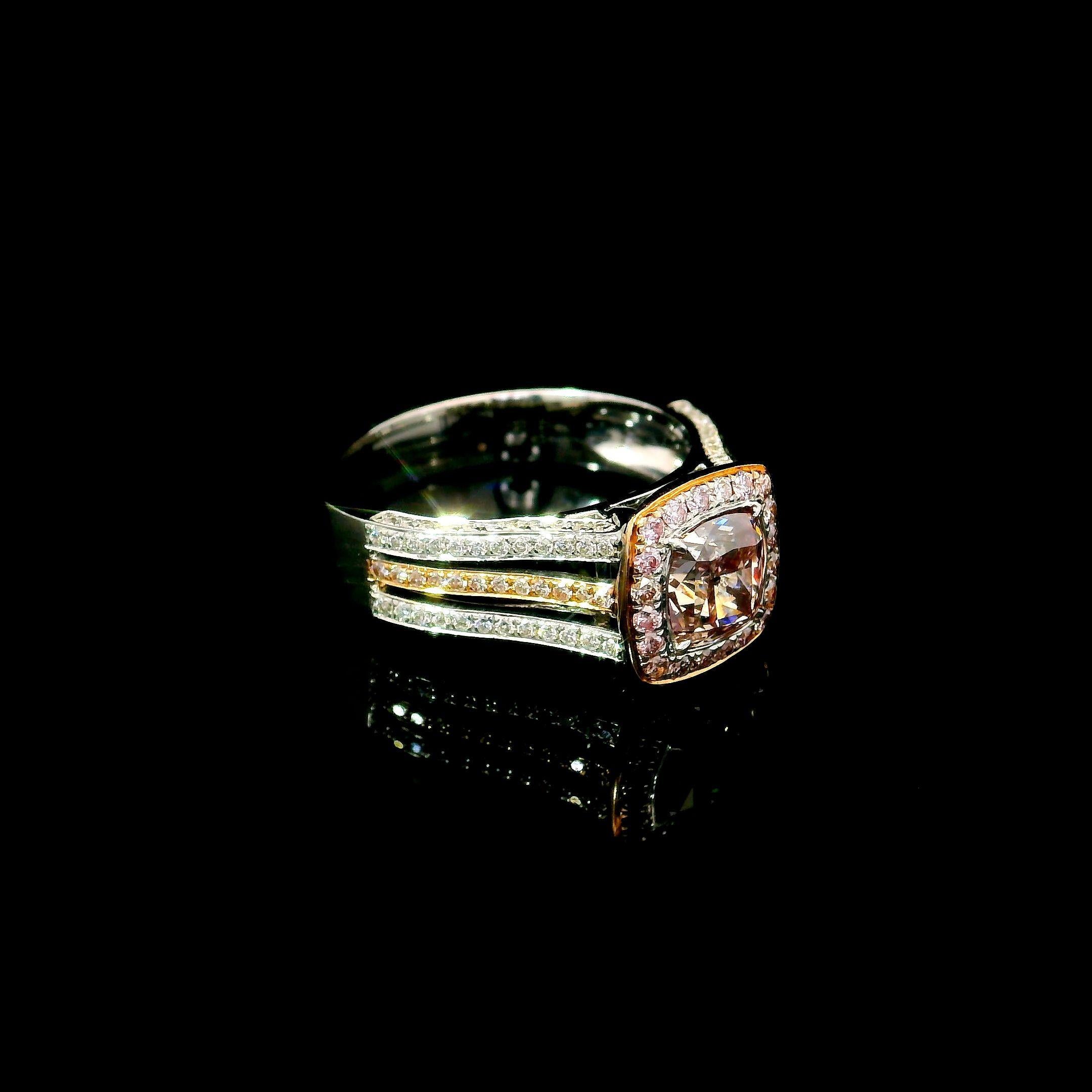 Cushion Cut GIA Certified 1.01 Carat Fancy Pinkish Brown I2 Clarity Diamond Ring For Sale
