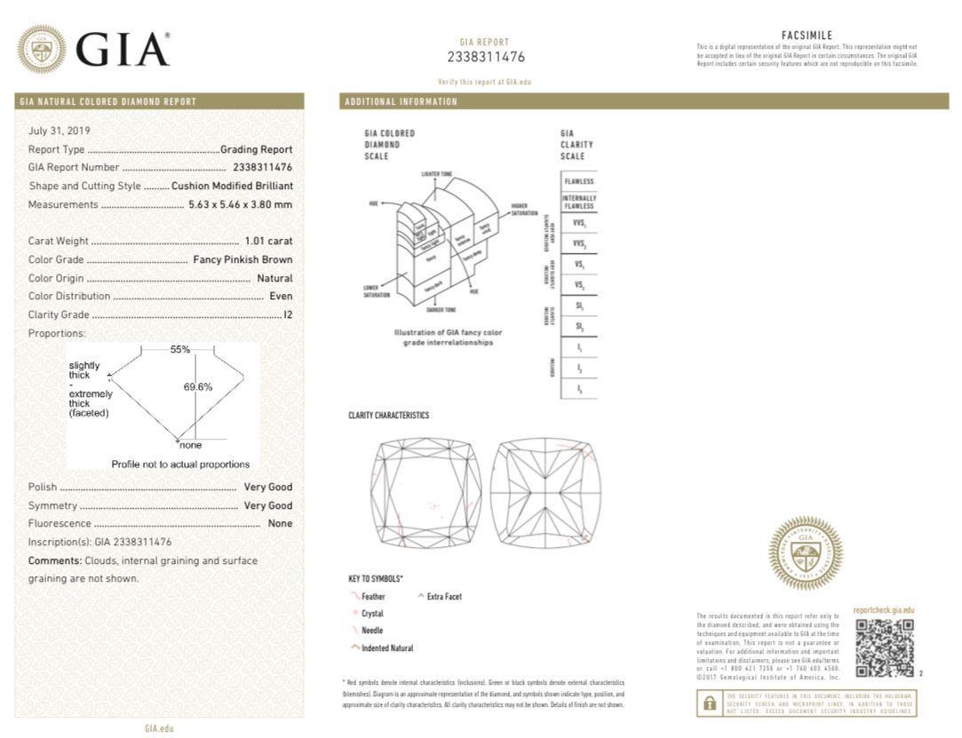 GIA Certified 1.01 Carat Fancy Pinkish Brown I2 Clarity Diamond Ring For Sale 3