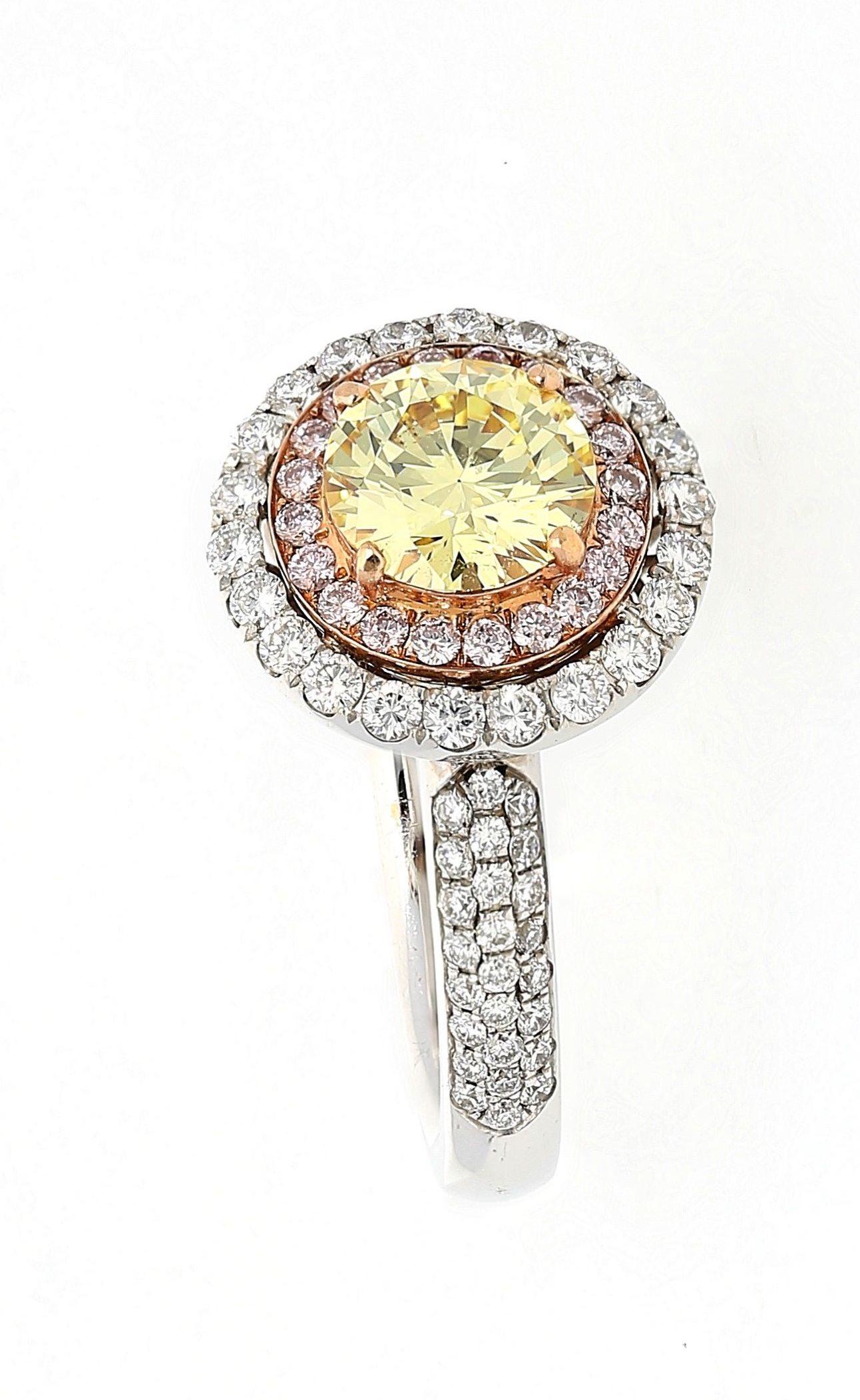 Round Cut GIA Certified 1.01 Carat Fancy Yellow, Pink and White Diamond Ring For Sale