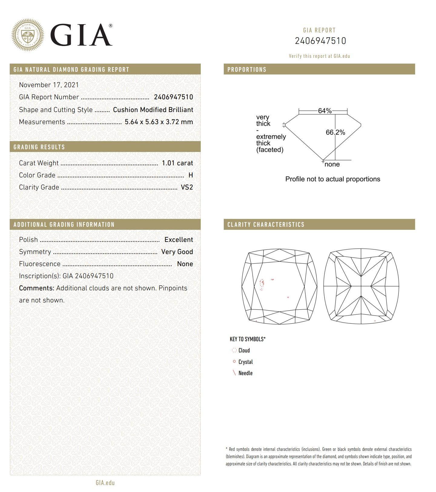 GIA Certified 1.01 Carat H Colour VS2 Clarity Diamond For Sale 1