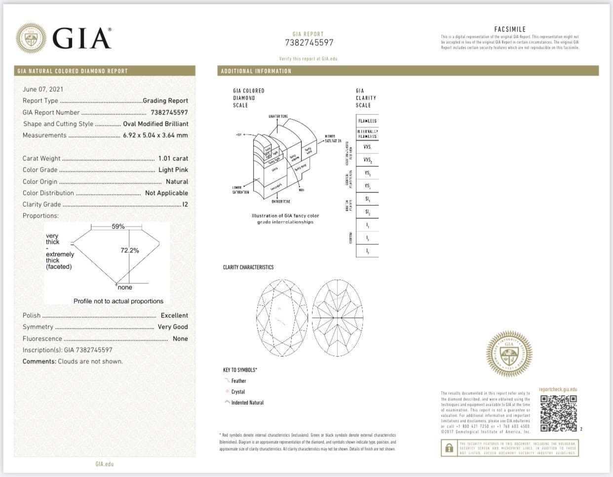 Women's or Men's GIA Certified 1.01 Carat Light Pink I2 Clarity Diamond Ring For Sale