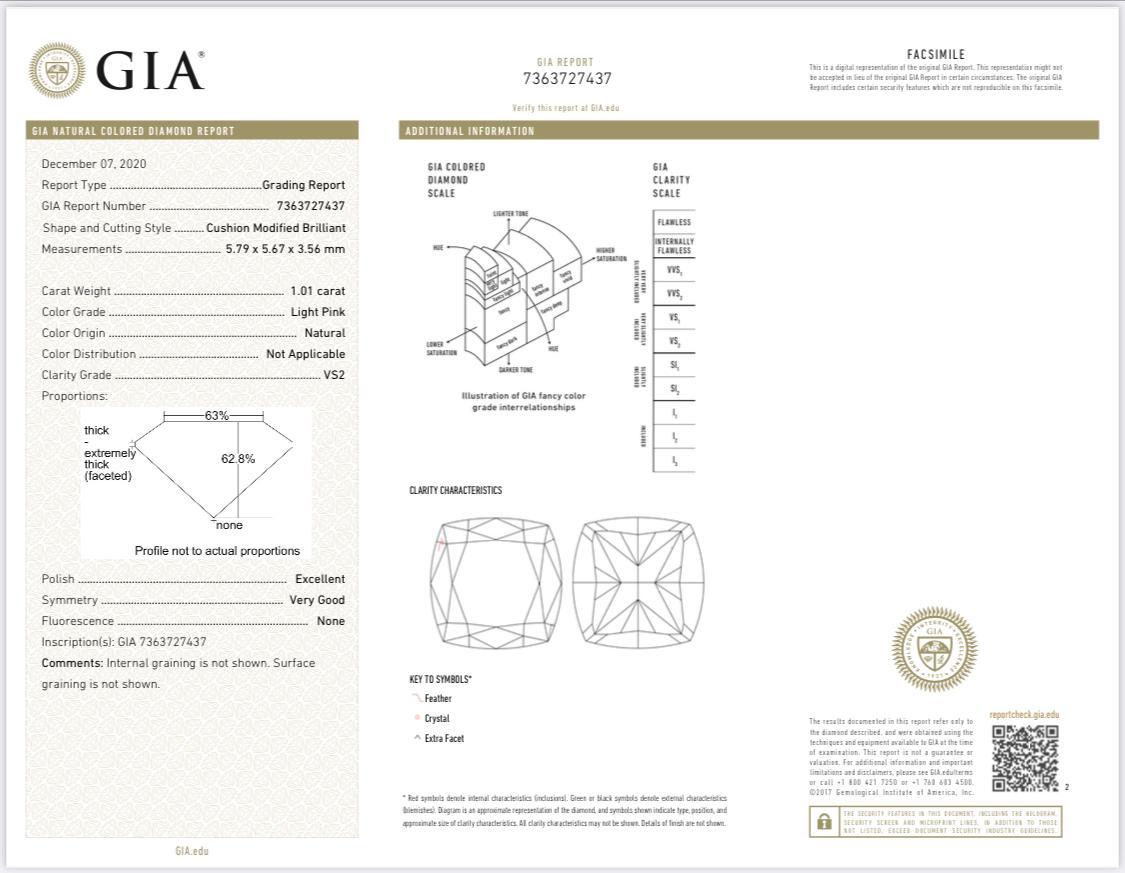 GIA Certified 1.01 Carat Light Pink VS2 Clarity Diamond Ring For Sale 3