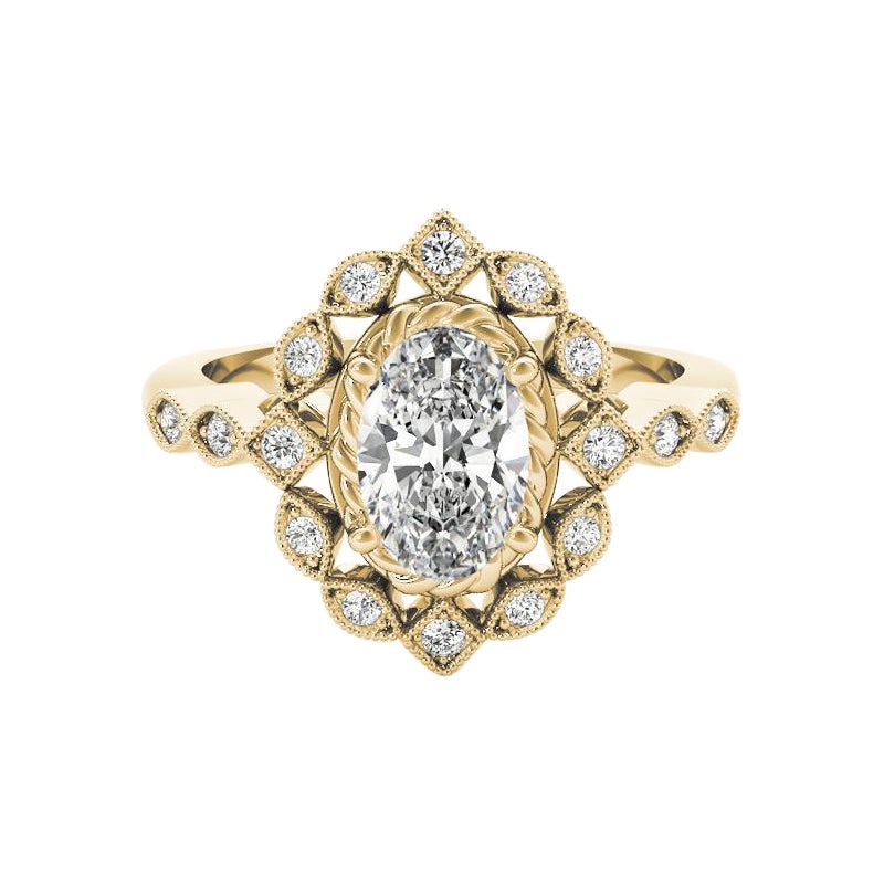 Anello con diamante ovale a doppio fiore in oro giallo 18 carati certificato GIA da 1,01 carati