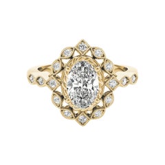 GIA Certified 1.01 Carat Oval Double Halo Flower 18K Yellow Gold Diamond Ring