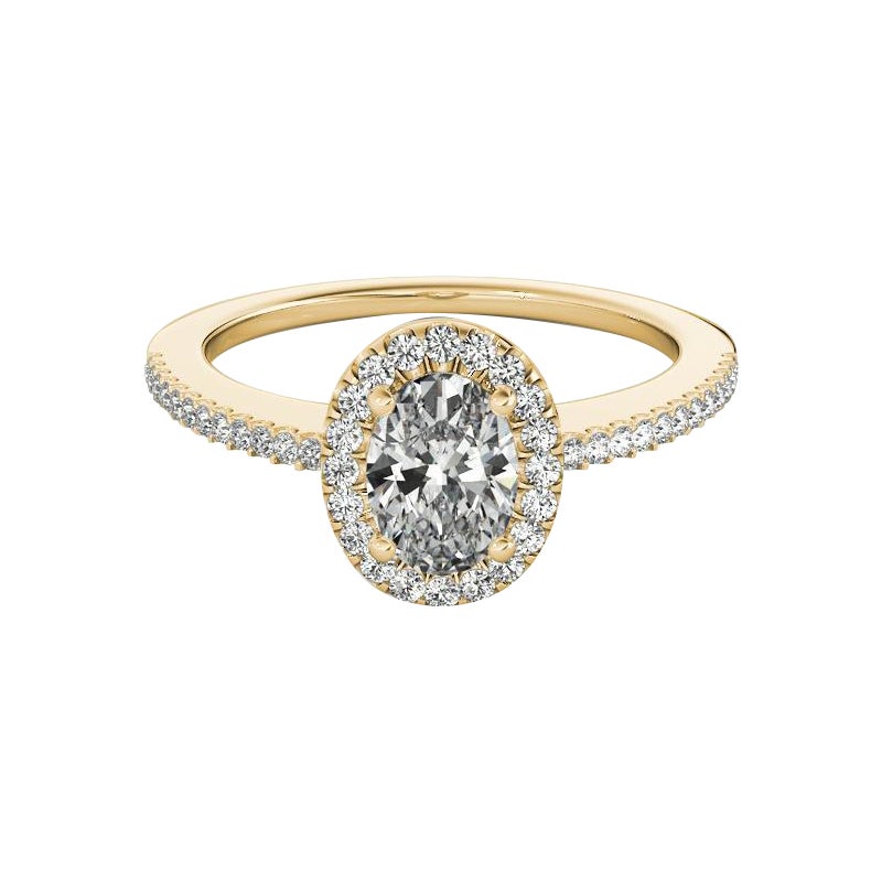 GIA Certified 1,01 Carat Oval Halo French Pave Anello con diamanti in oro giallo 18K