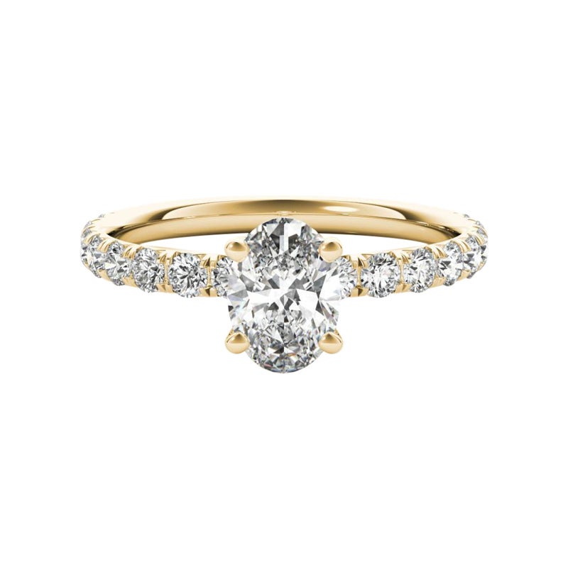 Anello con diamante solitario ovale e pavé in oro giallo 18 carati certificato GIA da 1,01 carati