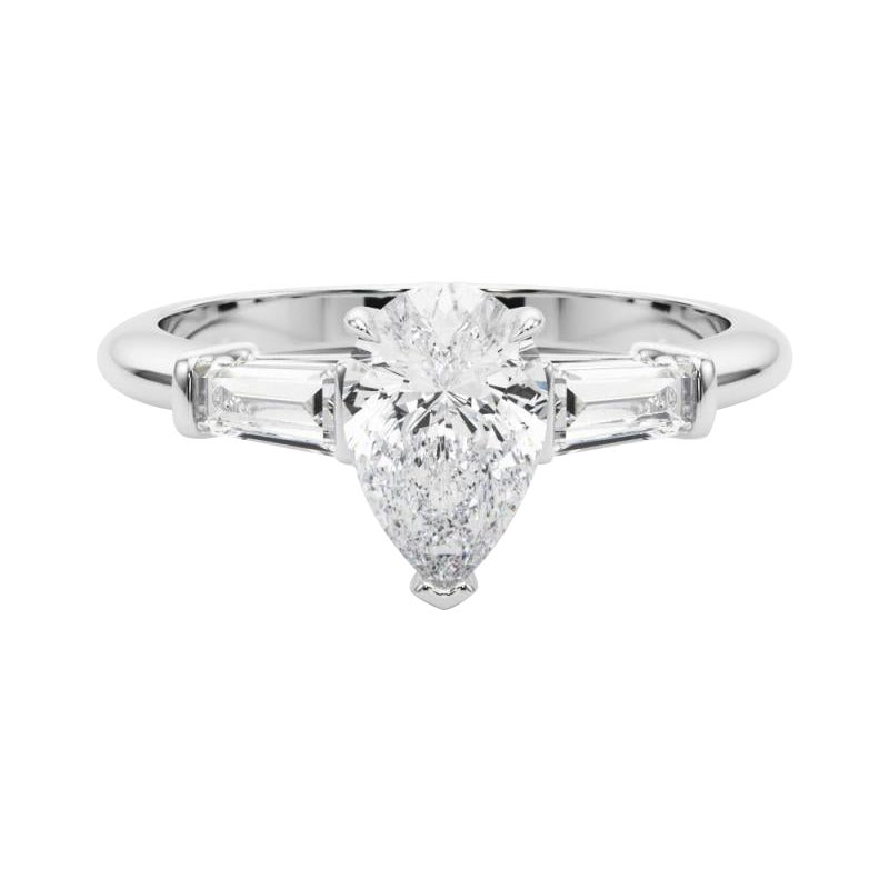 Anello di diamanti in platino a tre pietre con pera e baguette da 1,01 carati certificato GIA