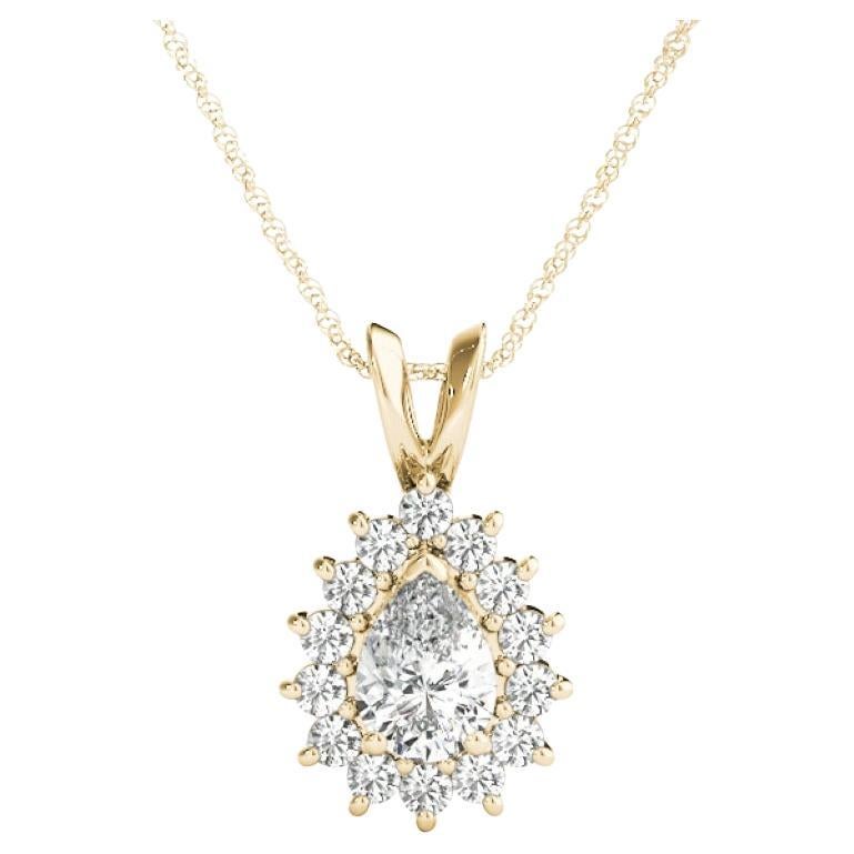 GIA Certified 1,01 Carat Pear Diamond Sunburst Halo Gold Neckantlace (collana con ciondolo in oro) in vendita