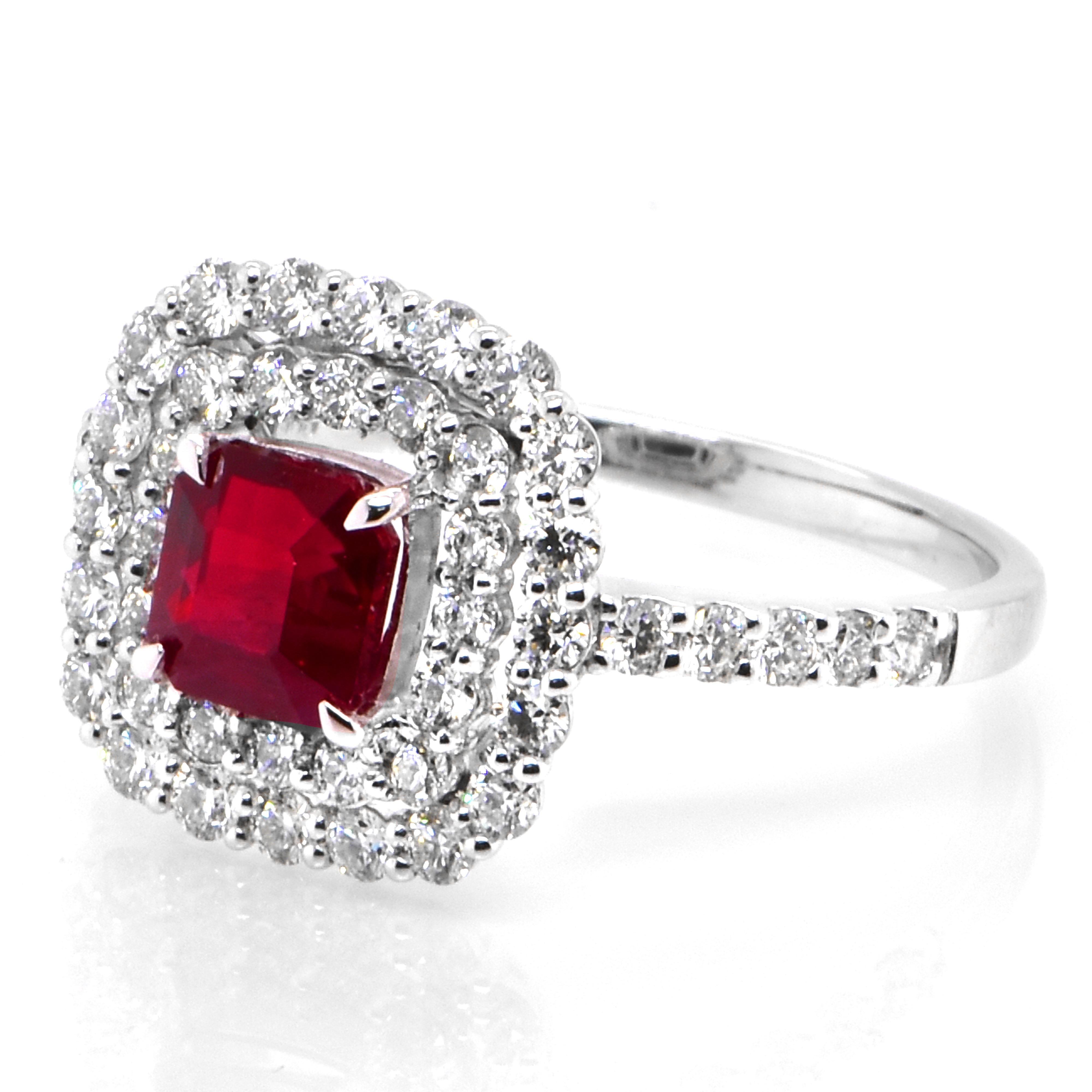 A beautiful Ring set in Platinum featuring a GIA Certified 1.01 Carat Natural, Pigeons Blood Red, Burmese Ruby and 0.67 Carat Diamonds. Rubies are referred to as 