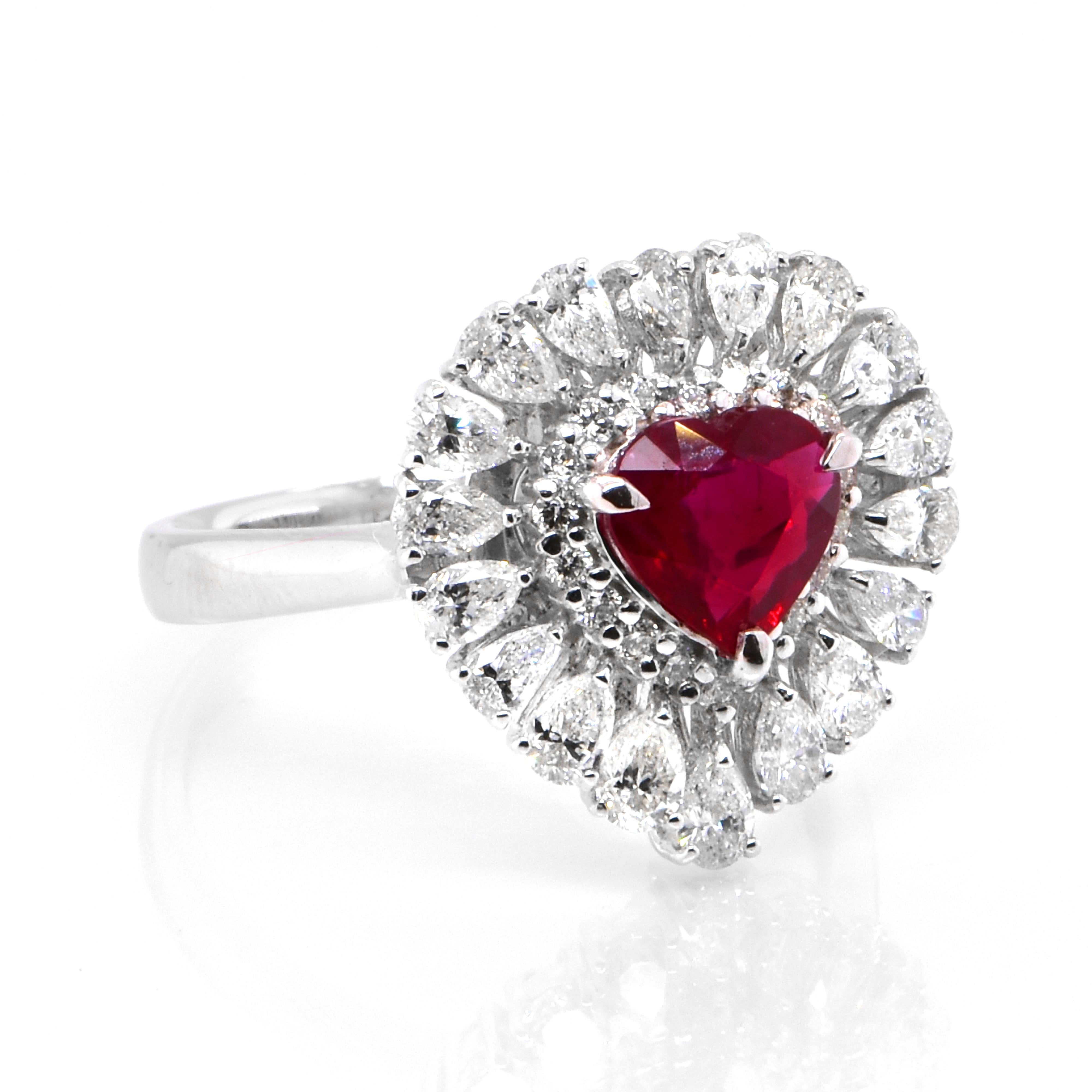 Modern GIA Certified 1.01 Carat, Pigeon Blood Red, Burmese Ruby Ring Made in Platinum For Sale