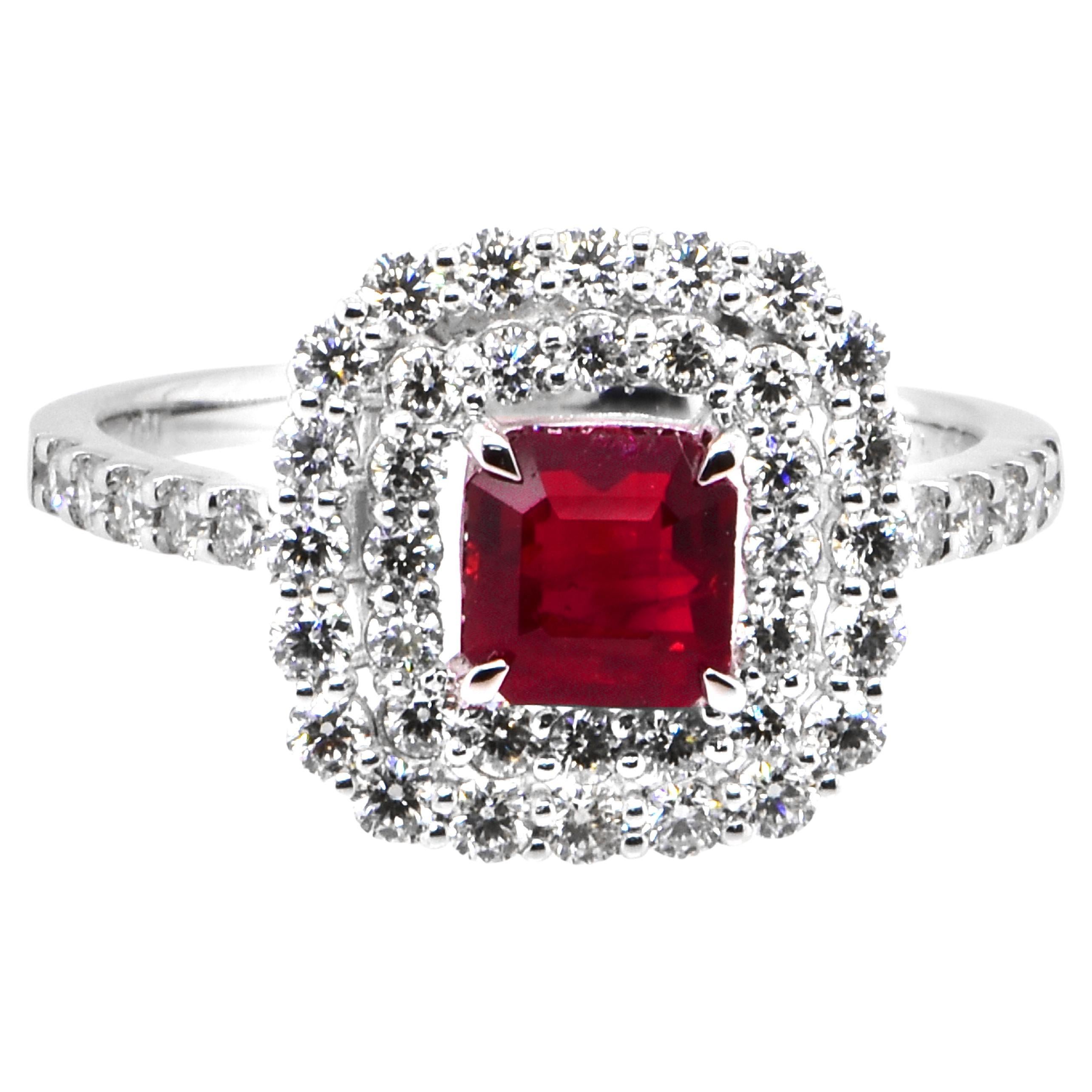 GIA Certified 1.01 Carat, Pigeon Blood Red, Burmese Ruby Ring Made in Platinum For Sale